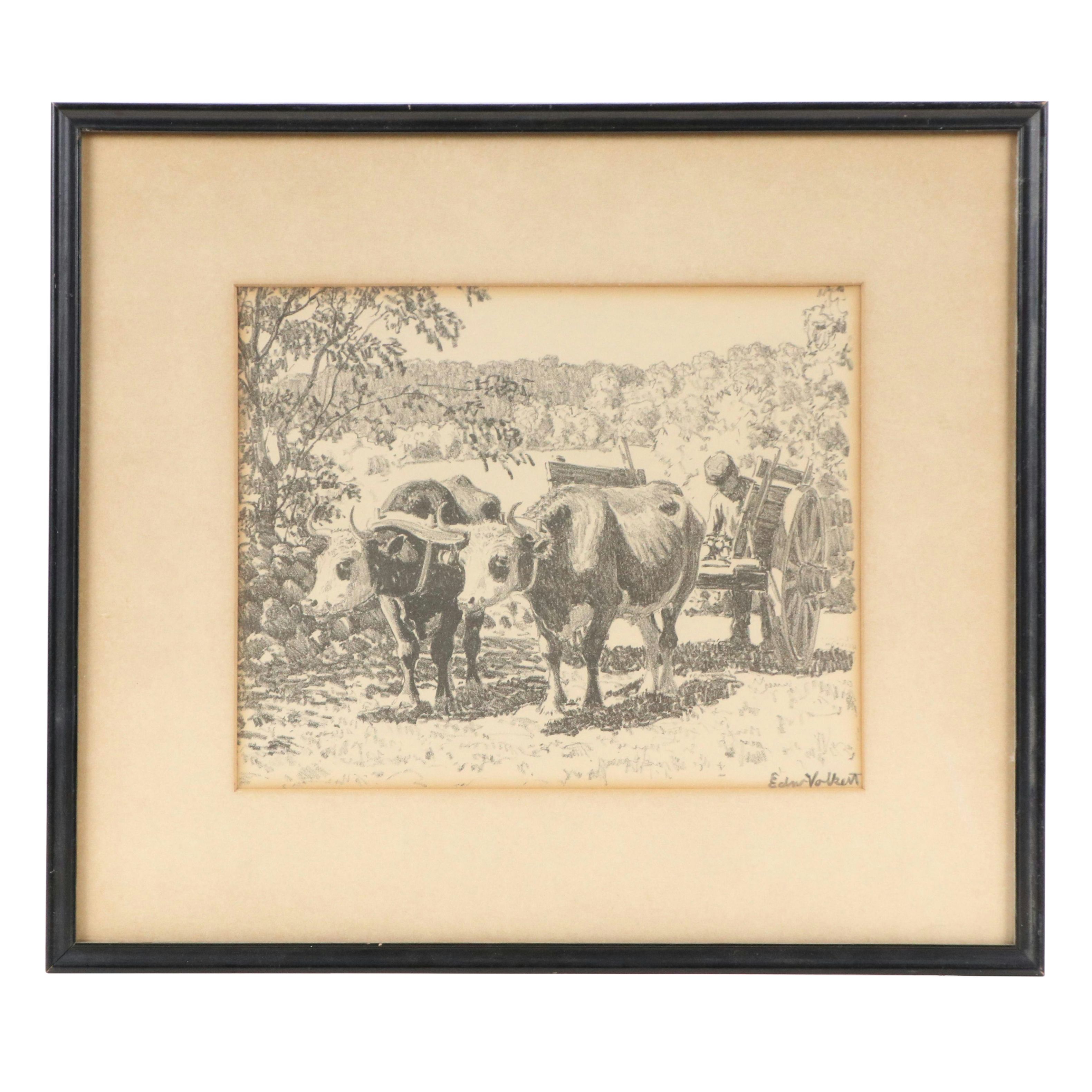 Edward Charles Volkert Graphite Drawing of Oxen Pulling Wagon, Late 19th C.