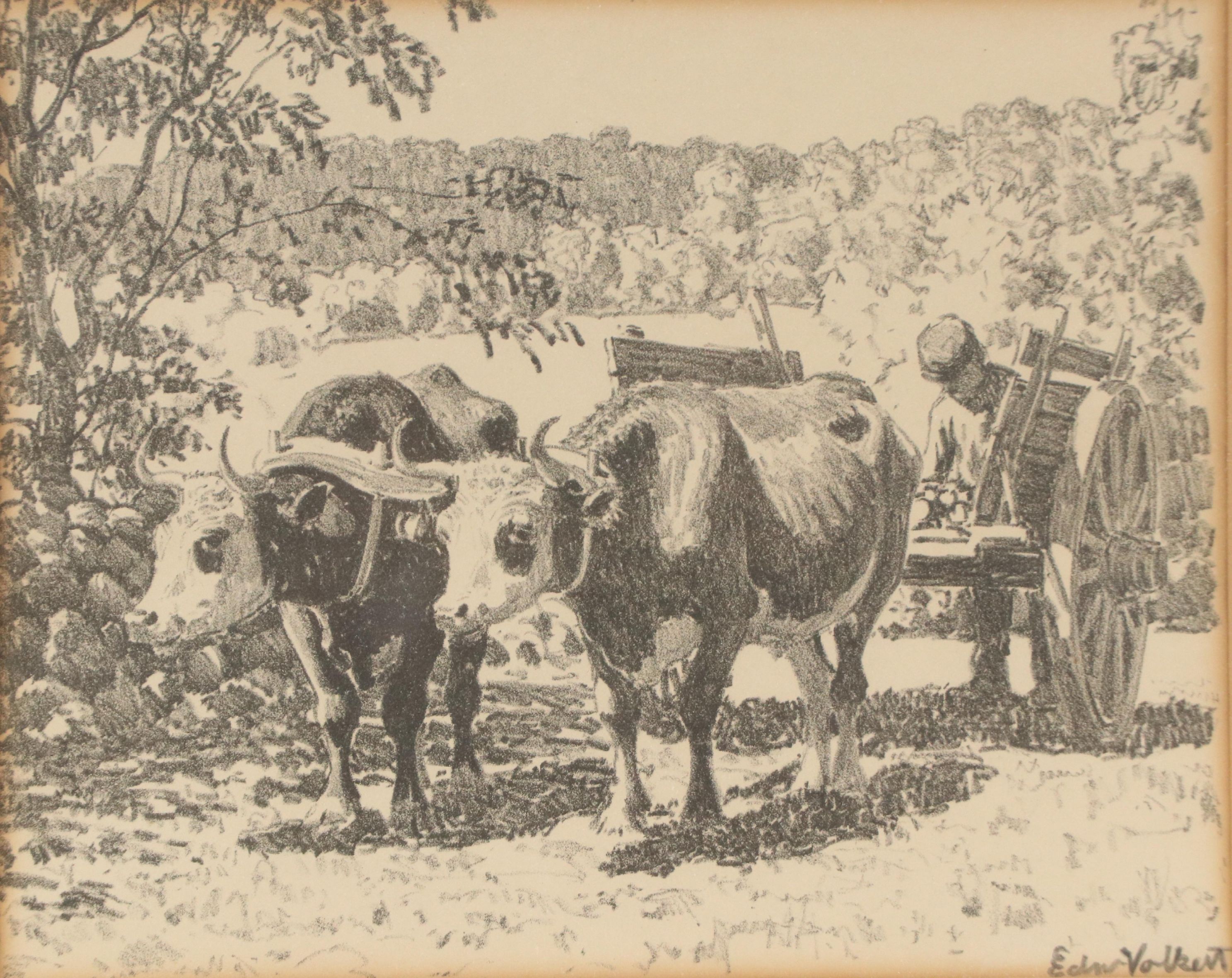 Edward Charles Volkert Graphite Drawing of Oxen Pulling Wagon, Late 19th C.