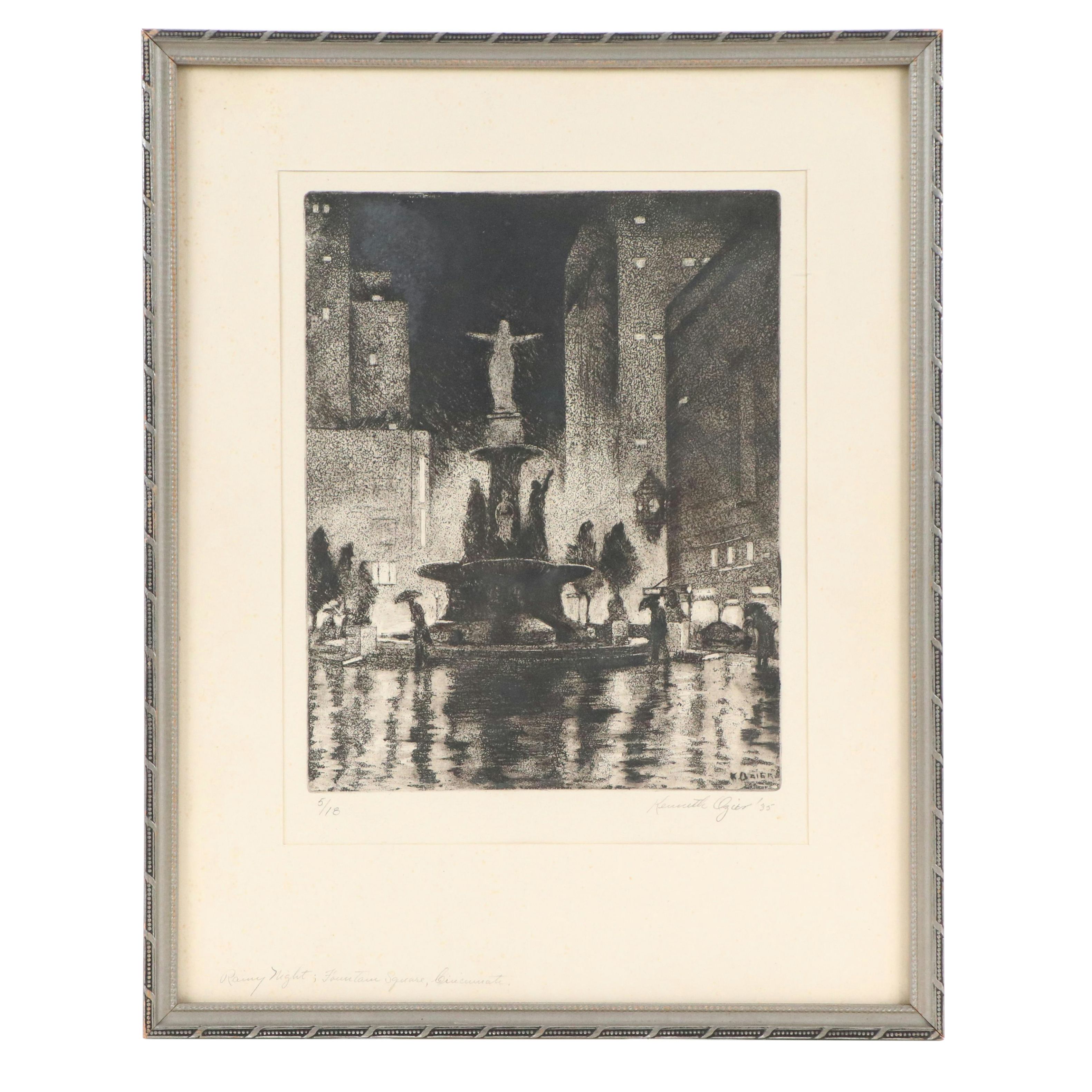 Kenneth Ozier Etching "Rainy Night; Fountain Square, Cincinnati," 1935