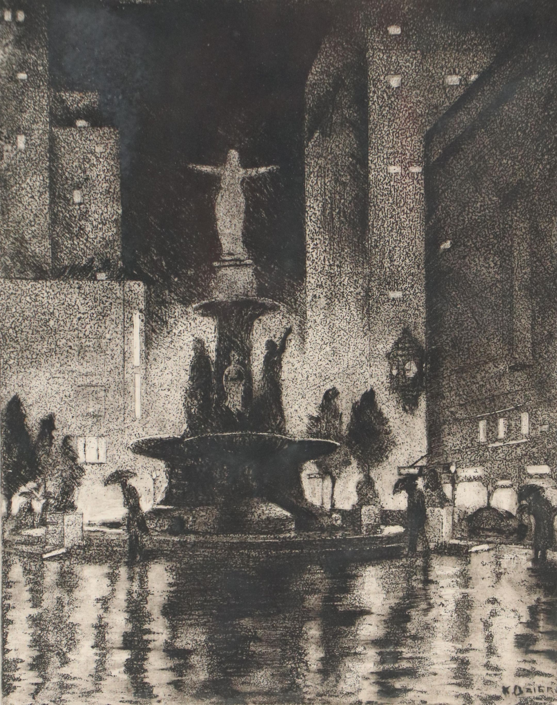 Kenneth Ozier Etching "Rainy Night; Fountain Square, Cincinnati," 1935