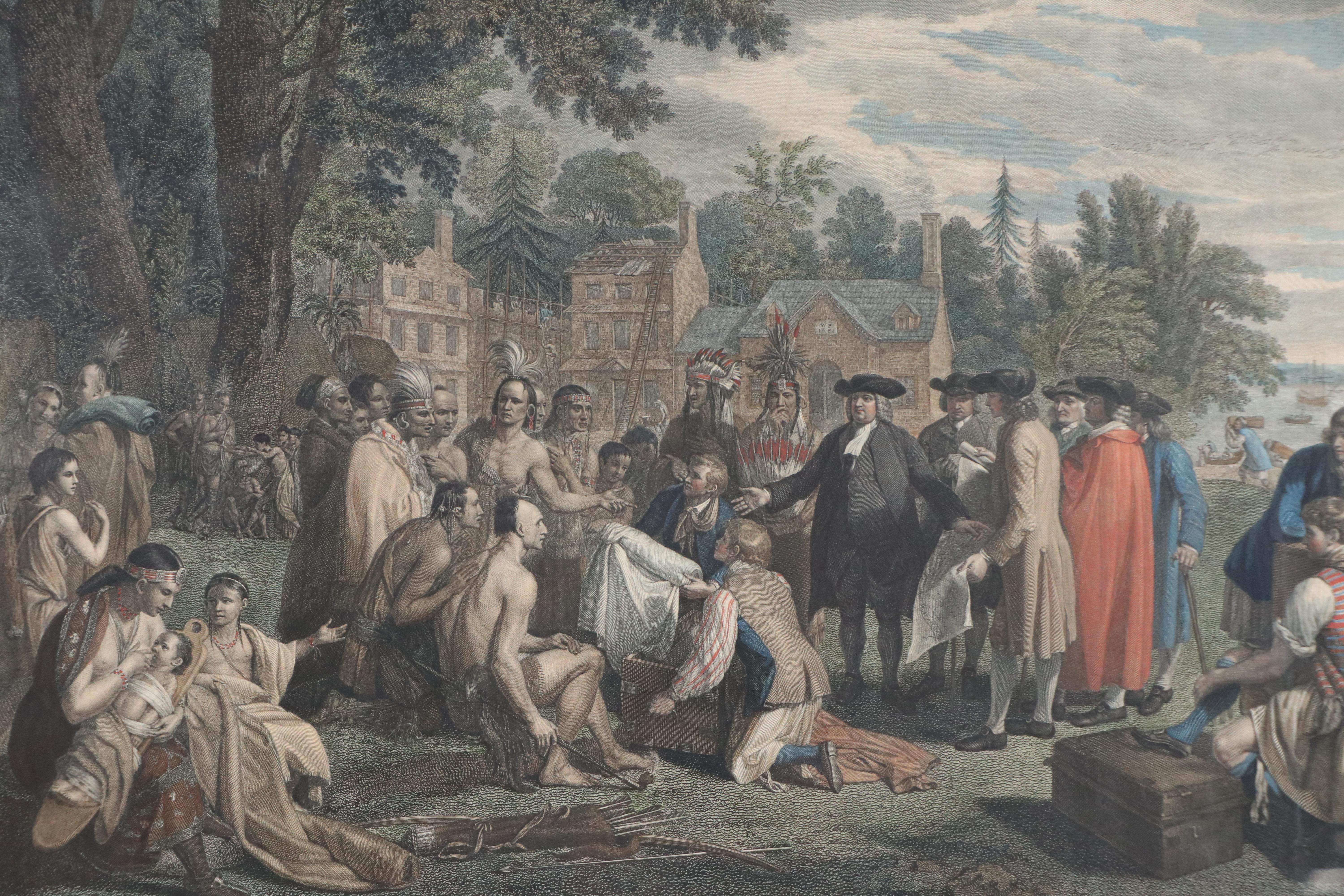 After Benjamin West Hand-Colored Engraving "Penn's Treaty with the Indians"