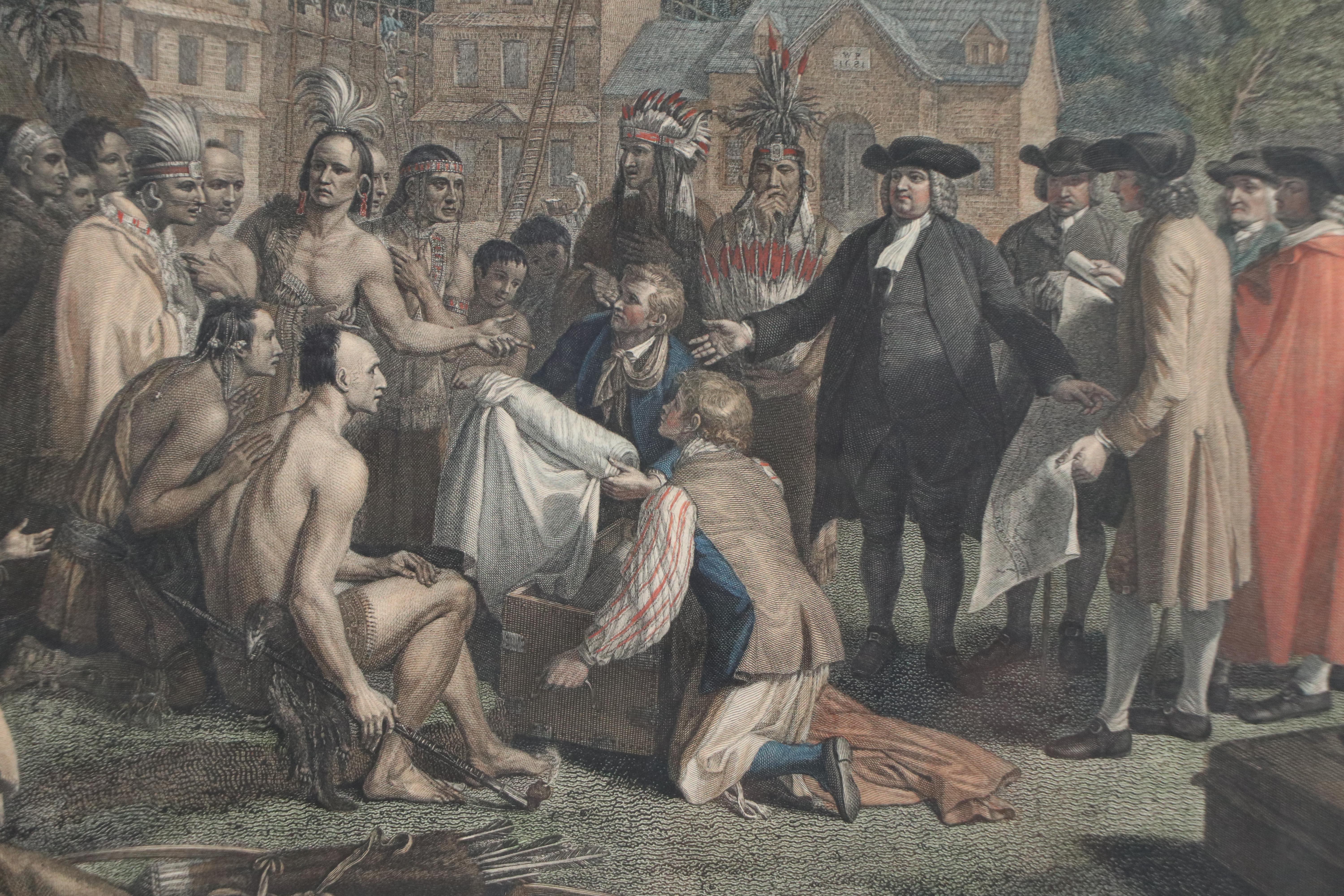 After Benjamin West Hand-Colored Engraving "Penn's Treaty with the Indians"