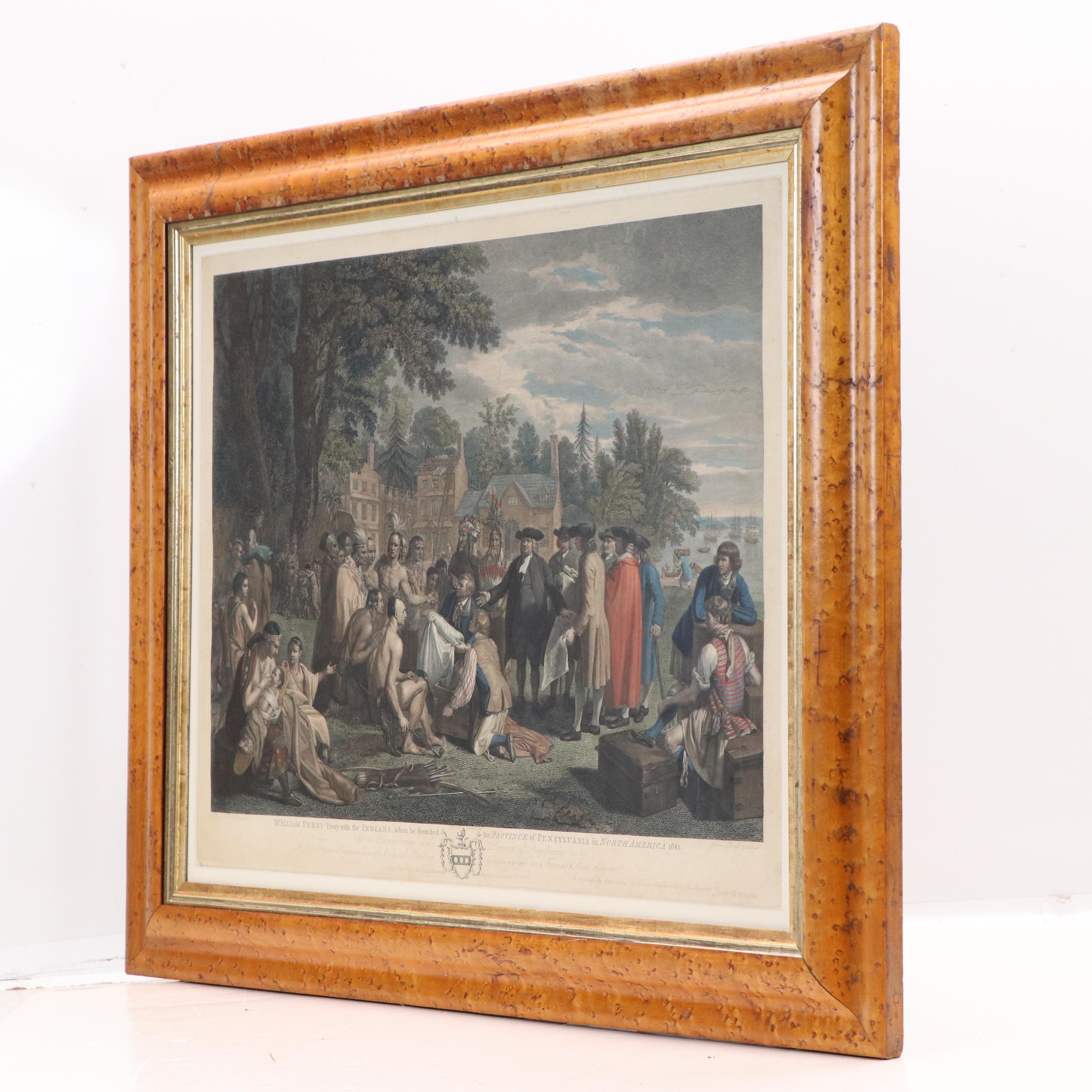 After Benjamin West Hand-Colored Engraving "Penn's Treaty with the Indians"