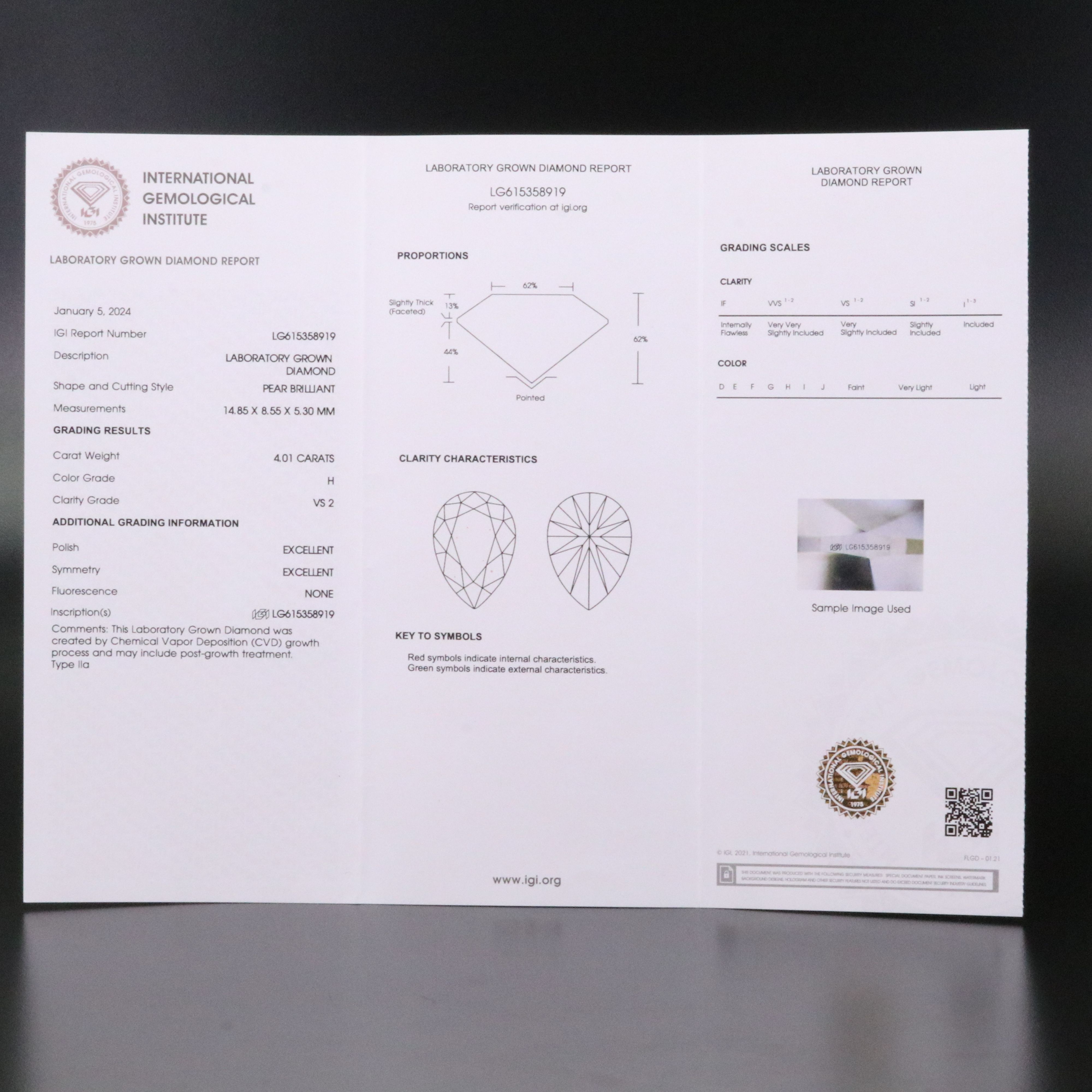 Loose 4.01 CT Lab Grown Diamond with IGI Report