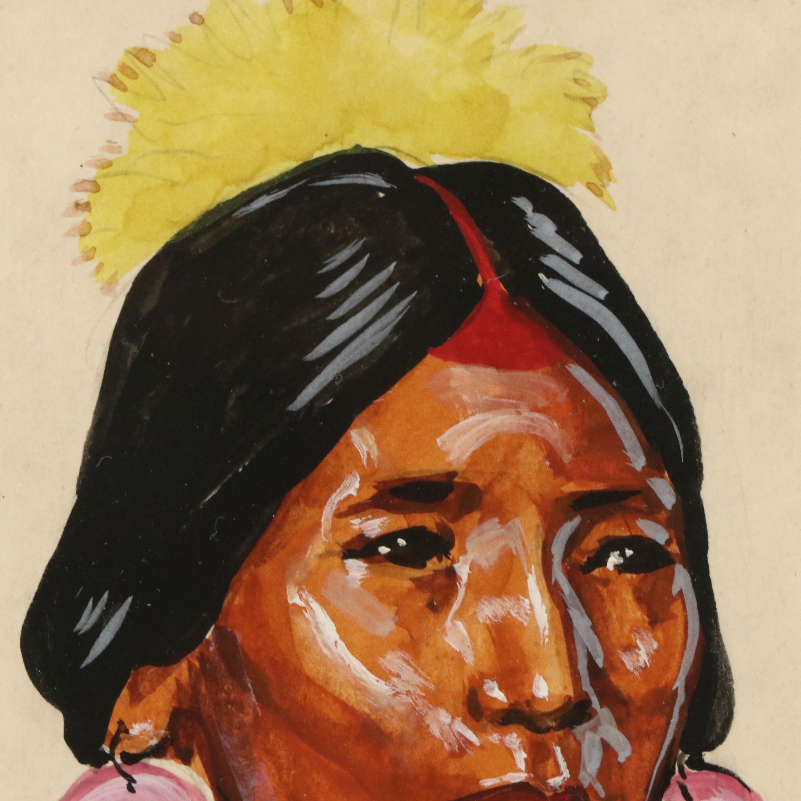 Nancy Paul McLaughlin Watercolor Portrait of Indigenous Woman