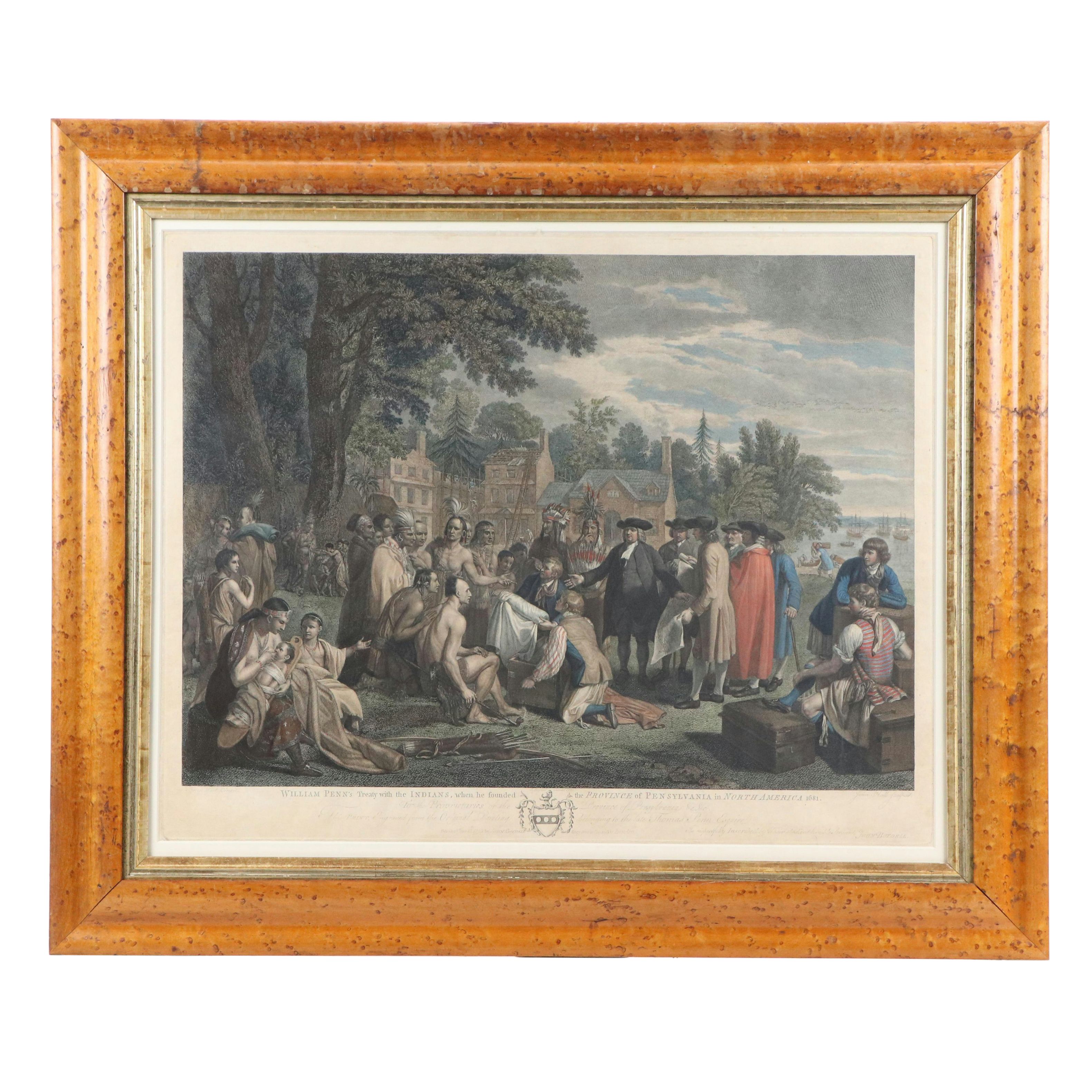 After Benjamin West Hand-Colored Engraving "Penn's Treaty with the Indians"