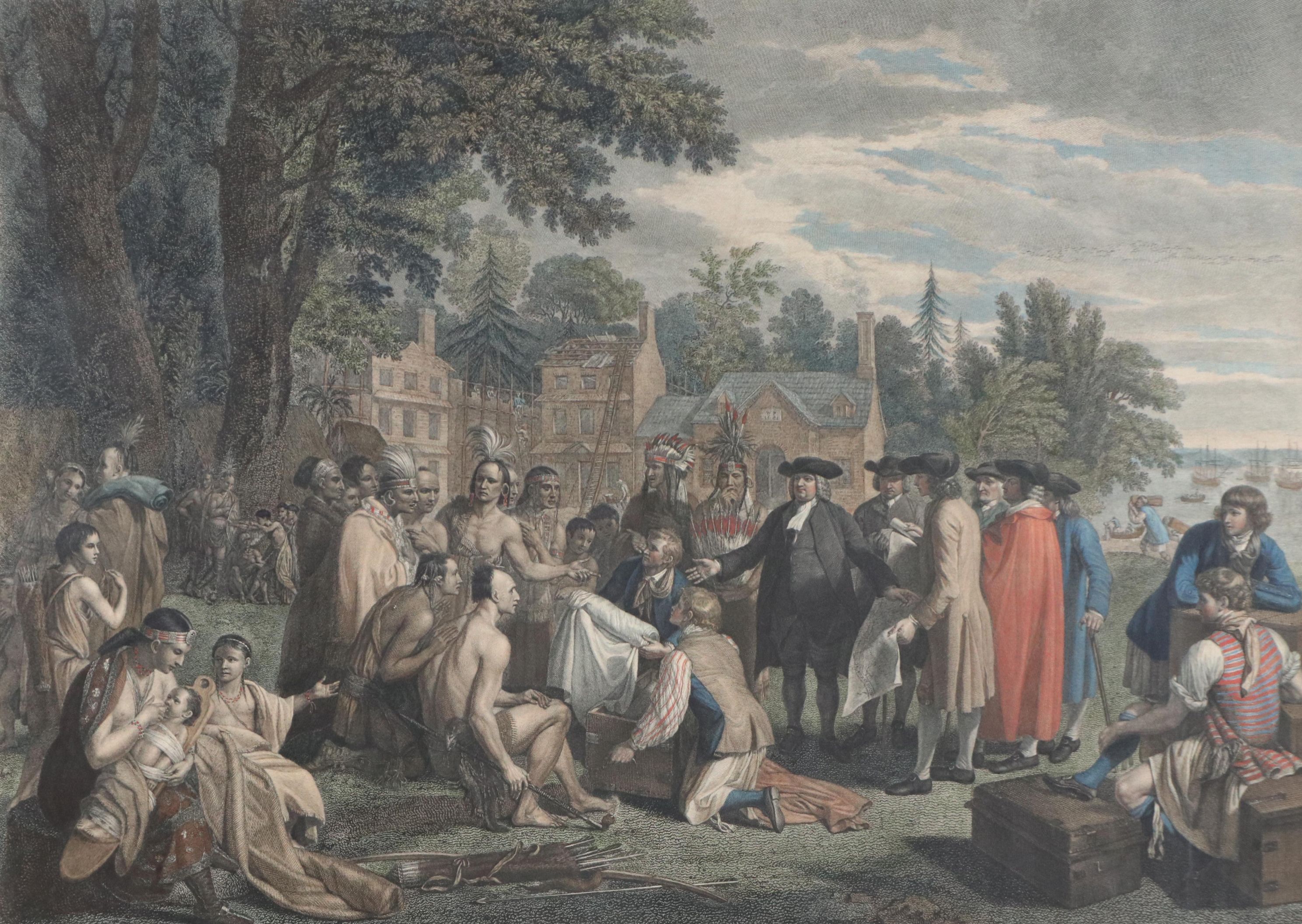 After Benjamin West Hand-Colored Engraving "Penn's Treaty with the Indians"
