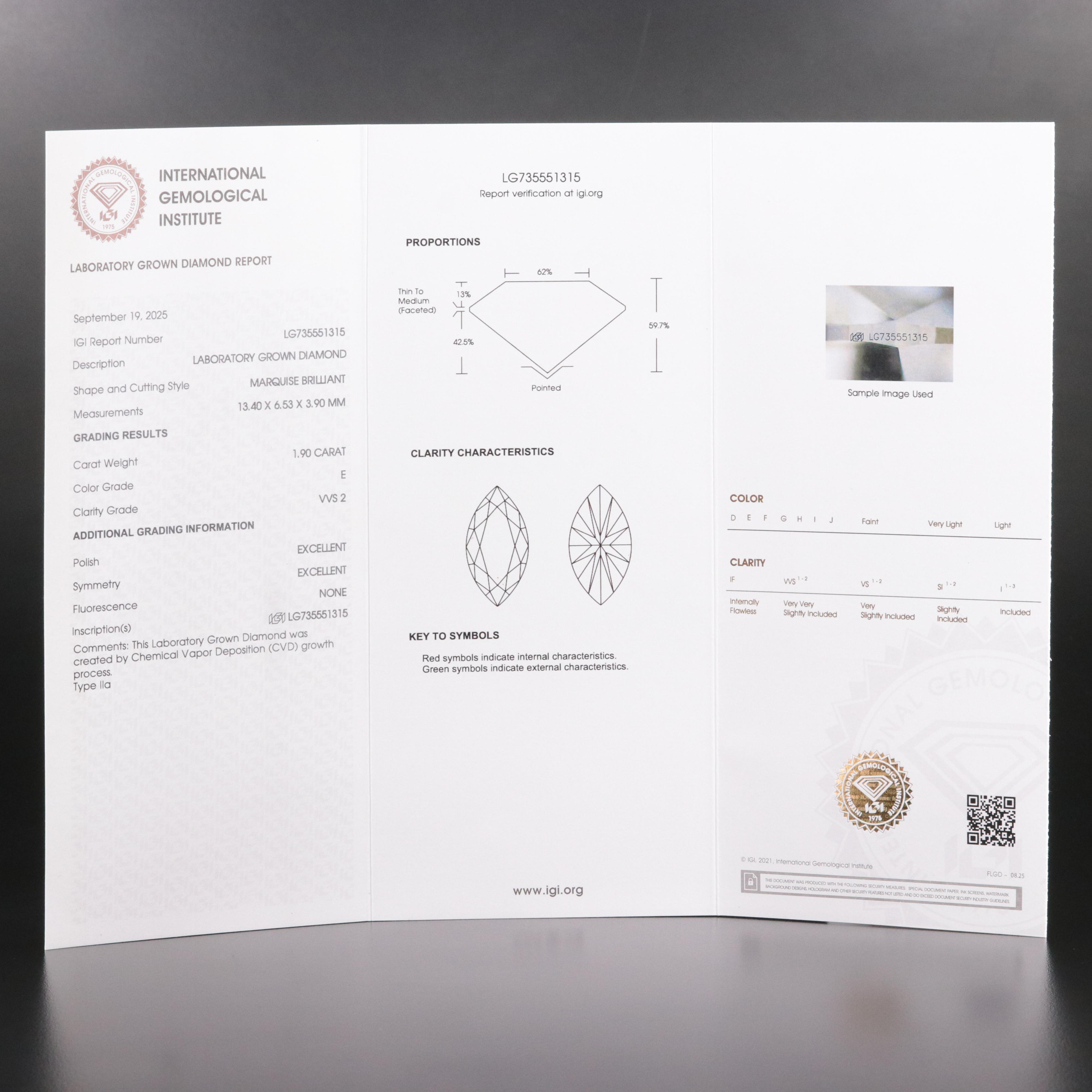 Loose 1.90 CT Lab Grown Diamond with IGI Report