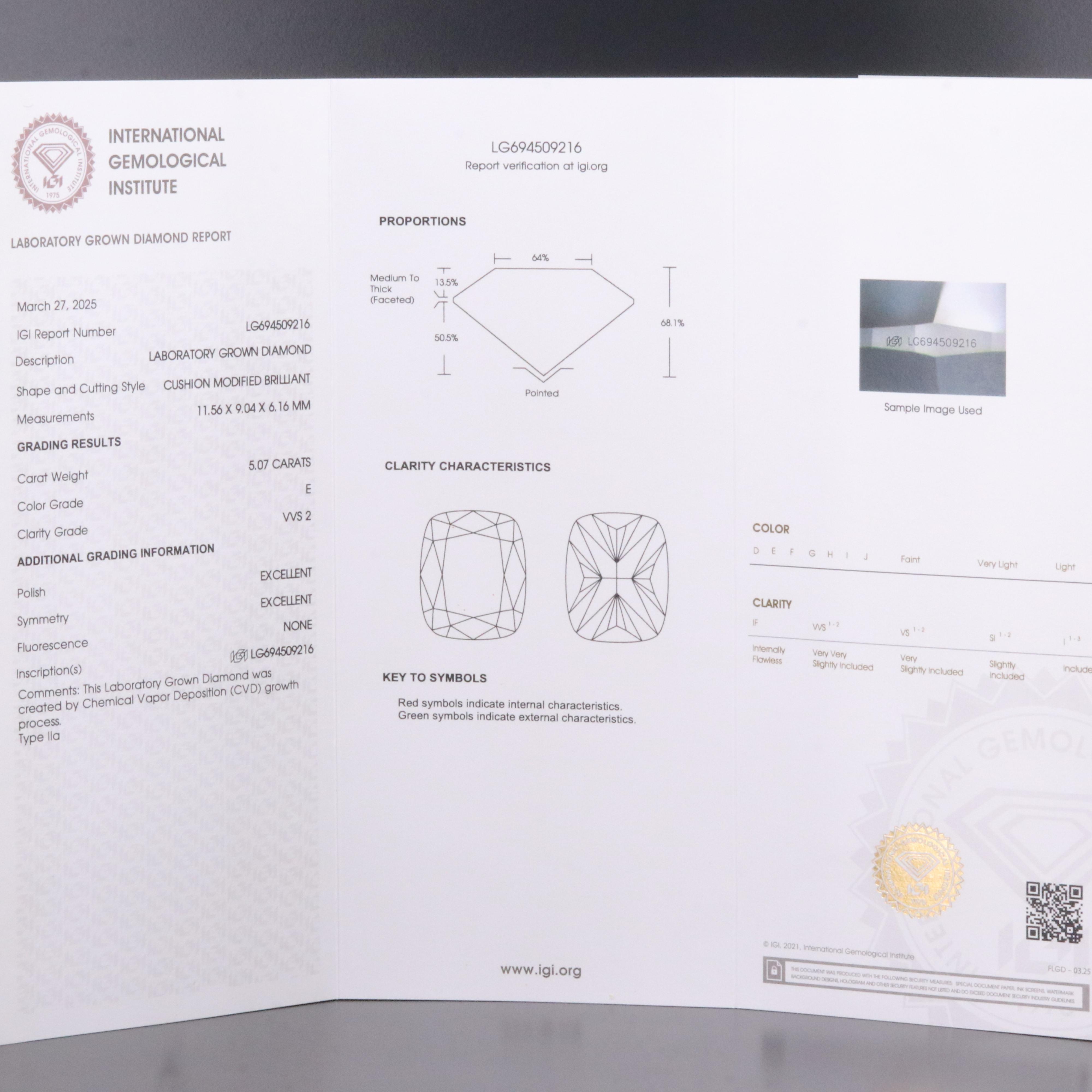 Loose 5.07 CT Lab Grown Diamond with IGI Report