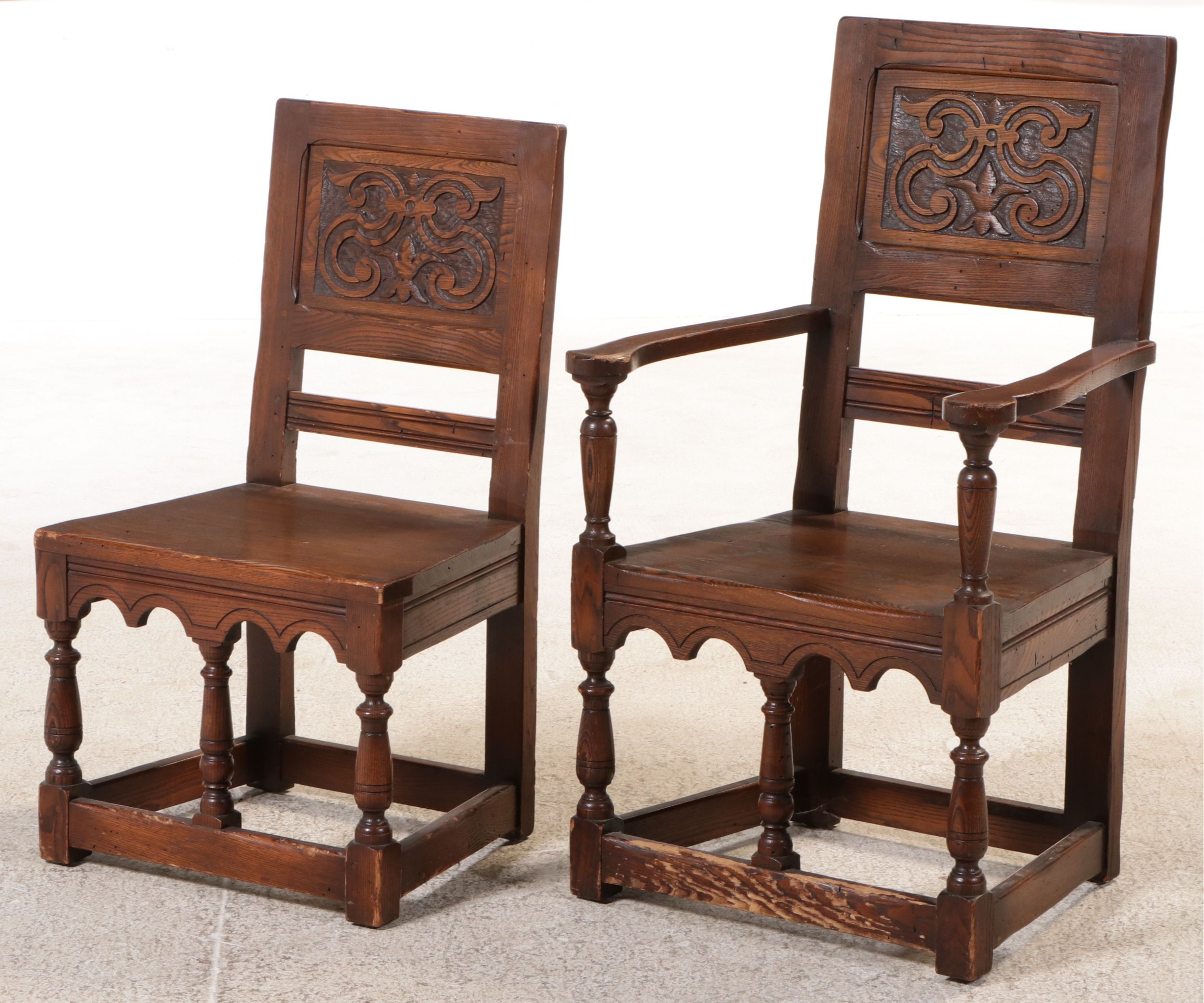Seven Piece Tudor Style Oak Dining Set, Early 20th Century