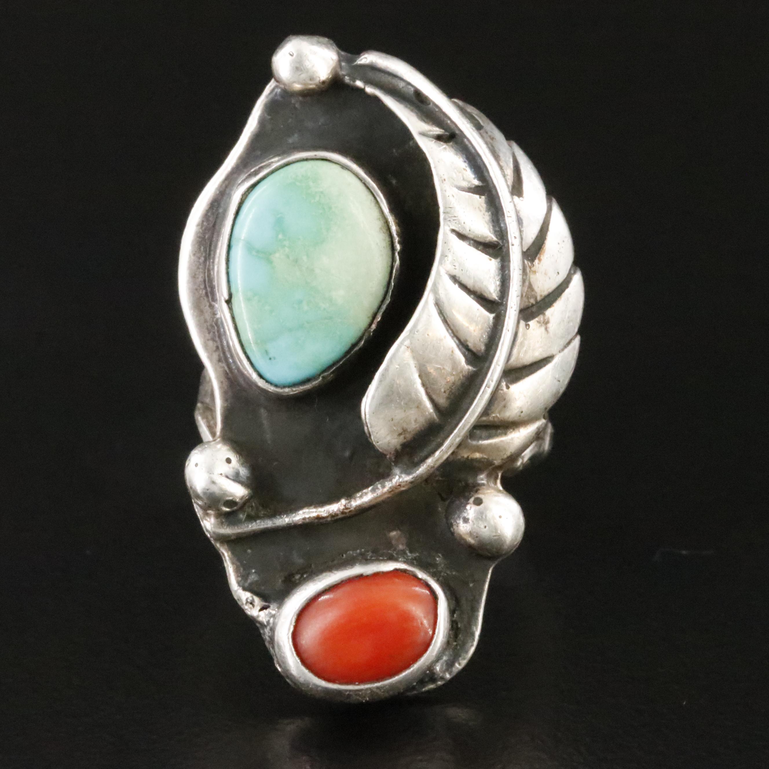 Southwestern Sterling Turquoise and Coral Ring