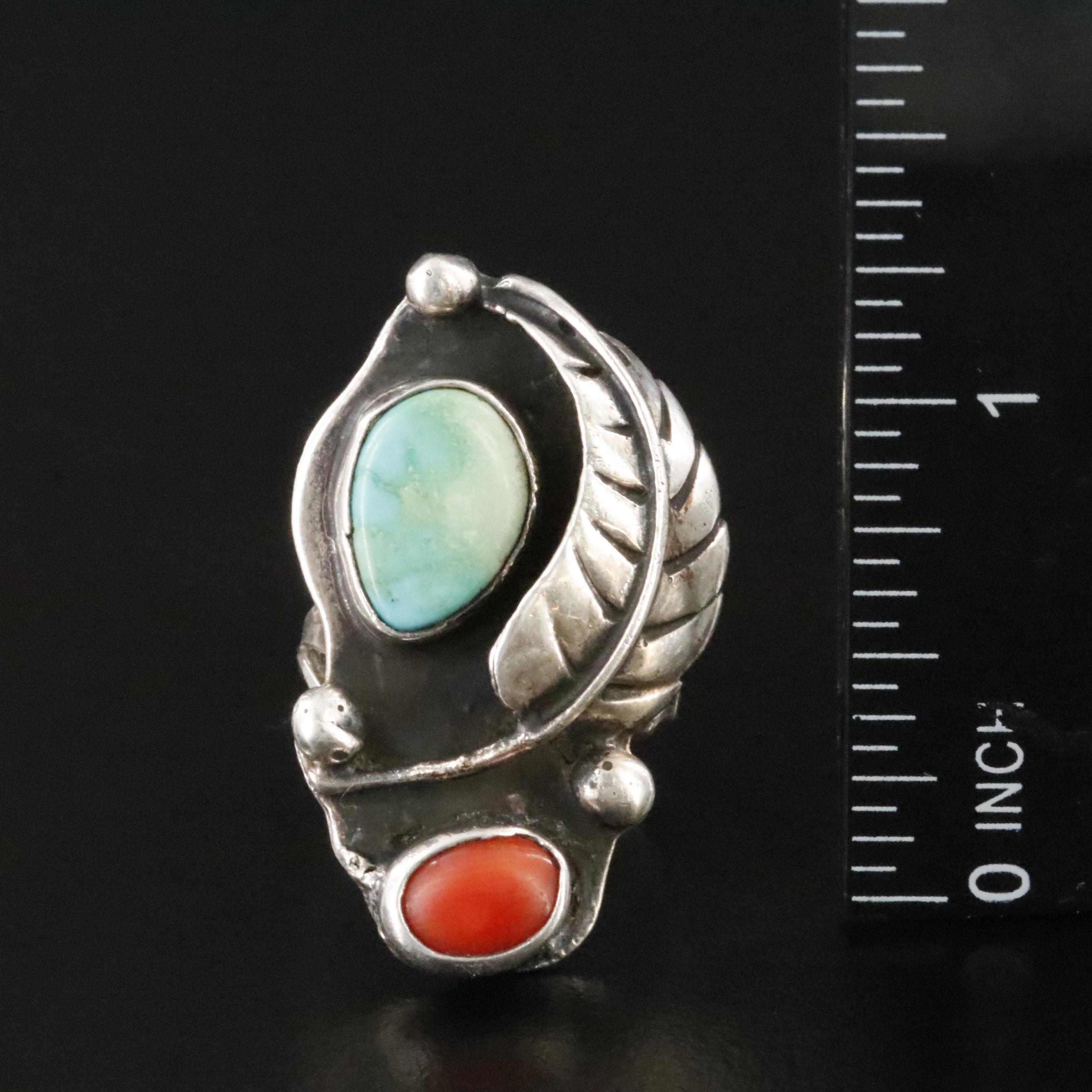 Southwestern Sterling Turquoise and Coral Ring