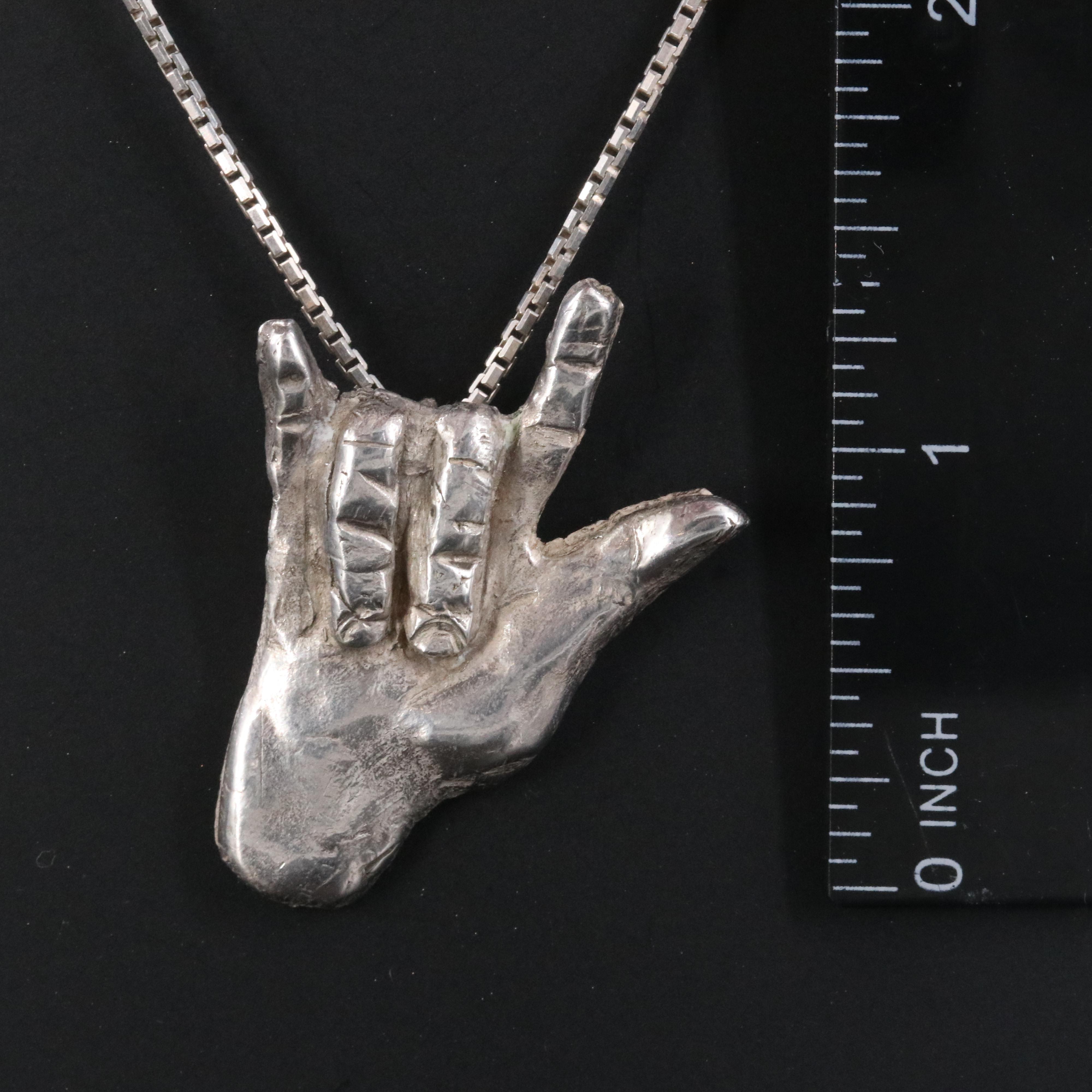 Fine Silver "I Love You" ASL Pendant on Sterling Box Chain Necklace