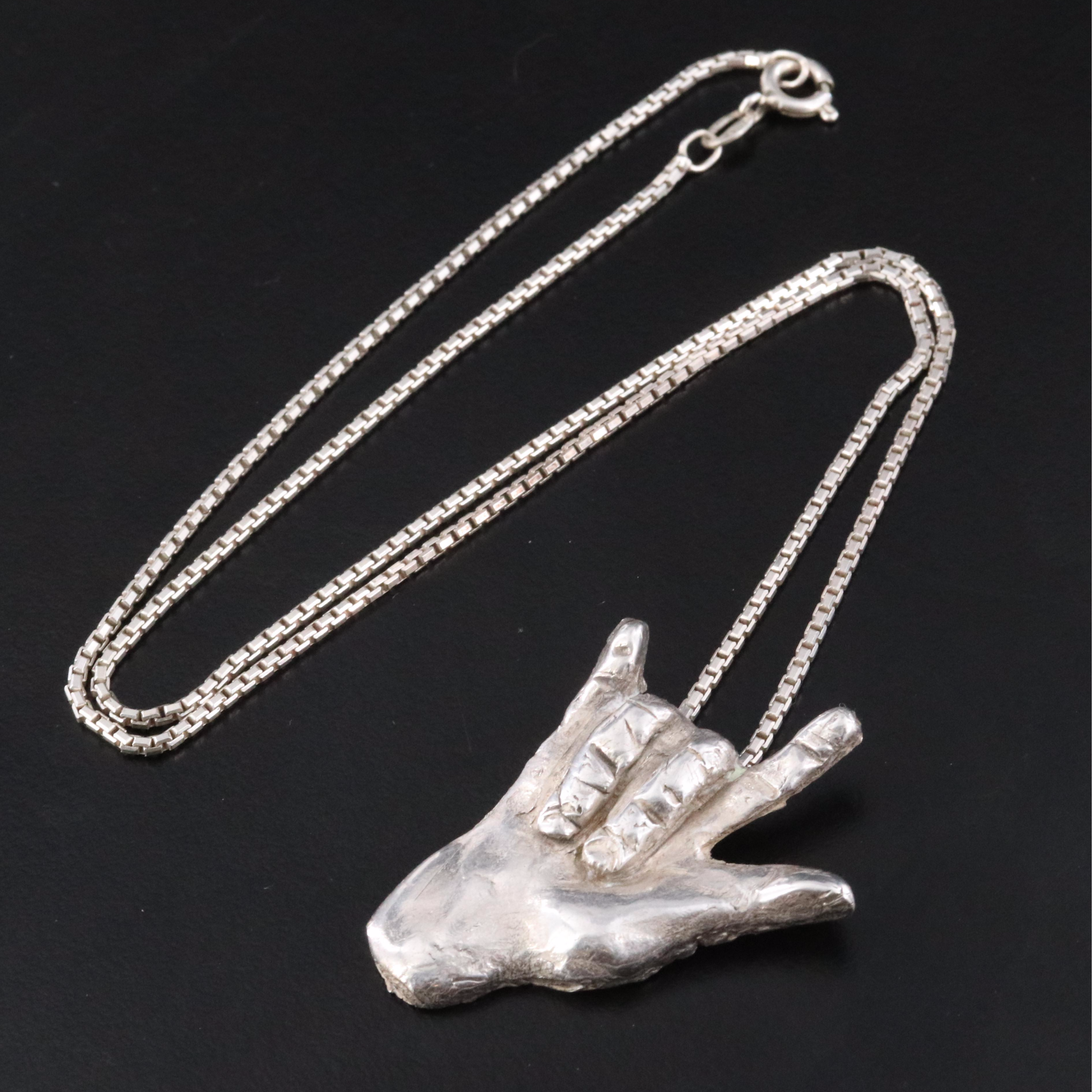 Fine Silver "I Love You" ASL Pendant on Sterling Box Chain Necklace
