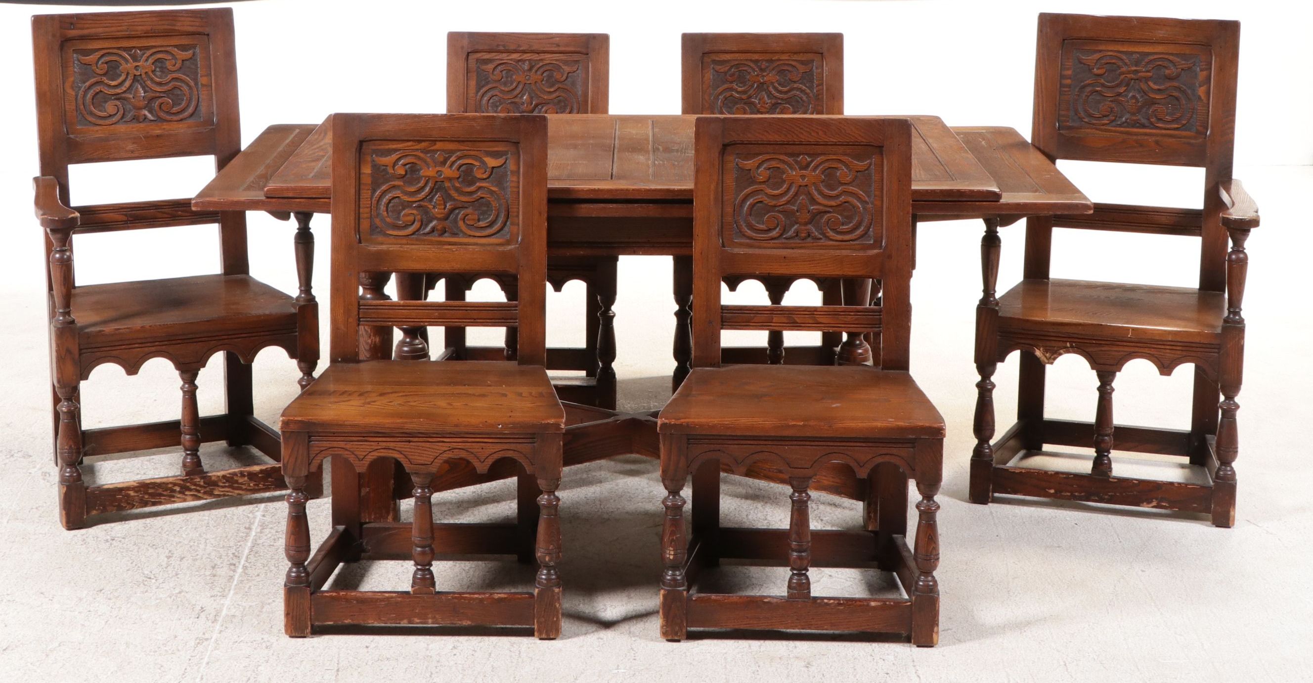 Seven Piece Tudor Style Oak Dining Set, Early 20th Century