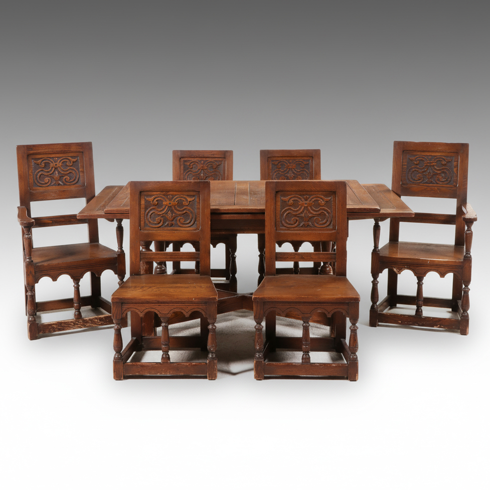 Seven Piece Tudor Style Oak Dining Set, Early 20th Century