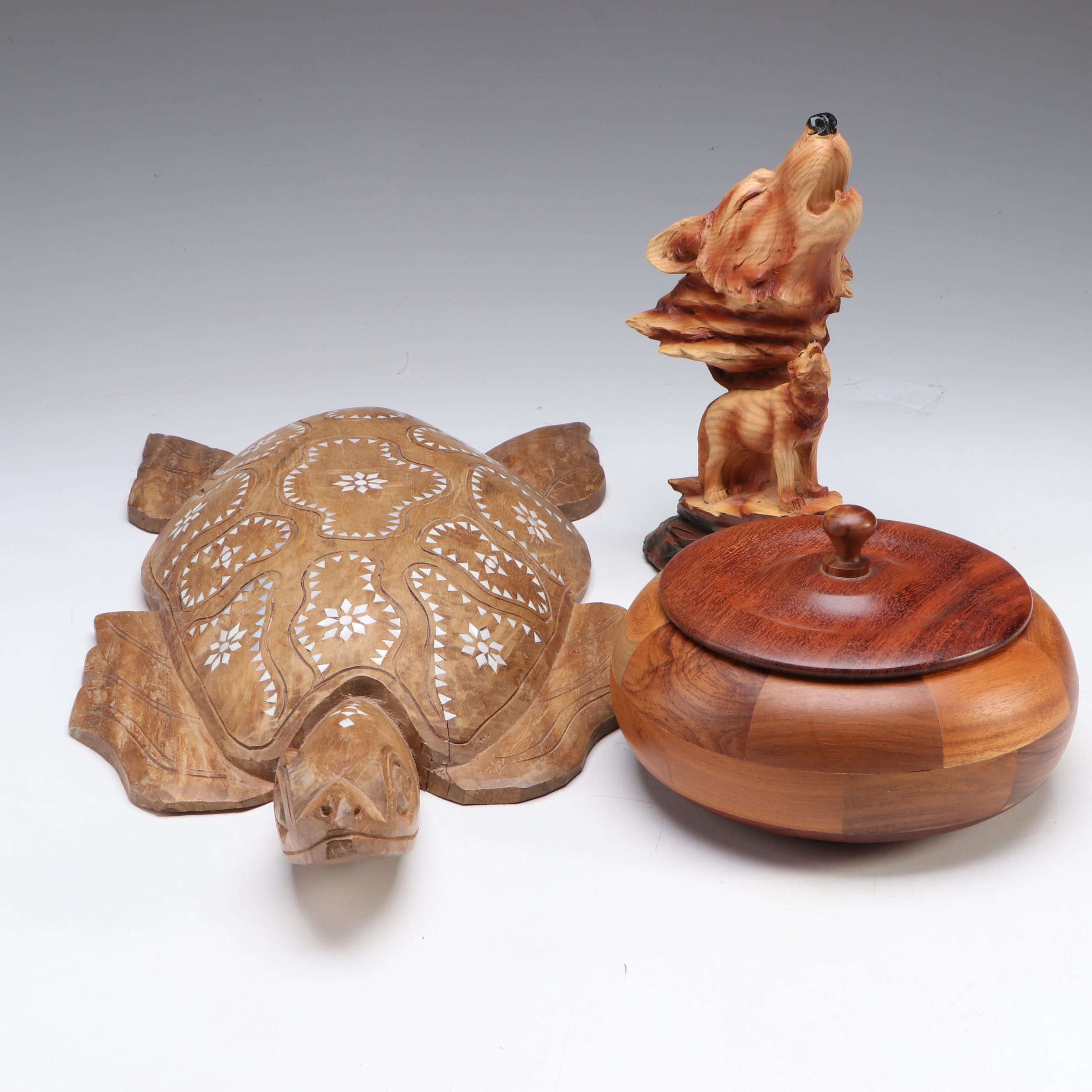 Carved Wood Wolf Scene & Turtle Figurines With Bernal Sanchez Carved Wood Bowl