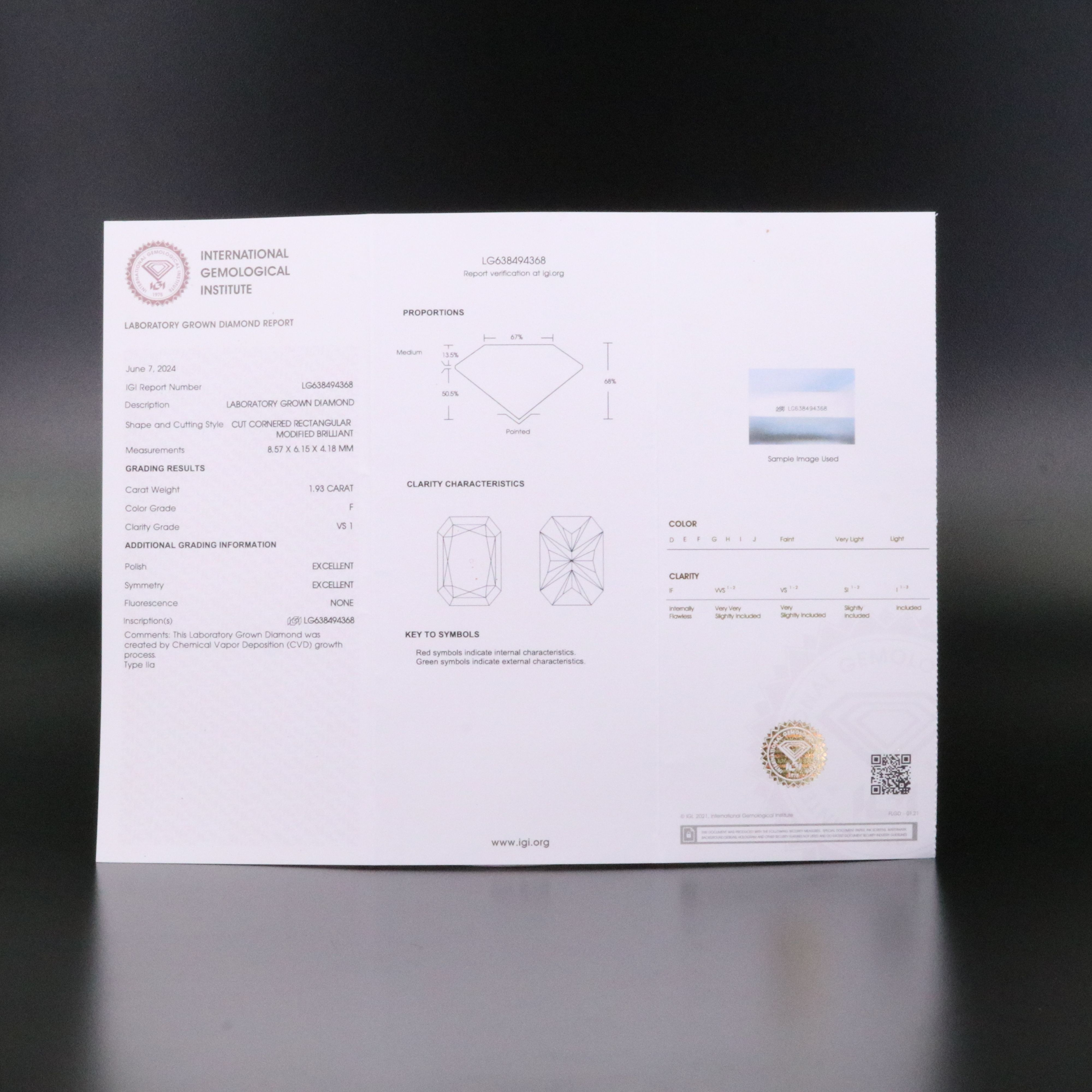 Loose 1.93 CT Lab Grown Diamond with IGI Report