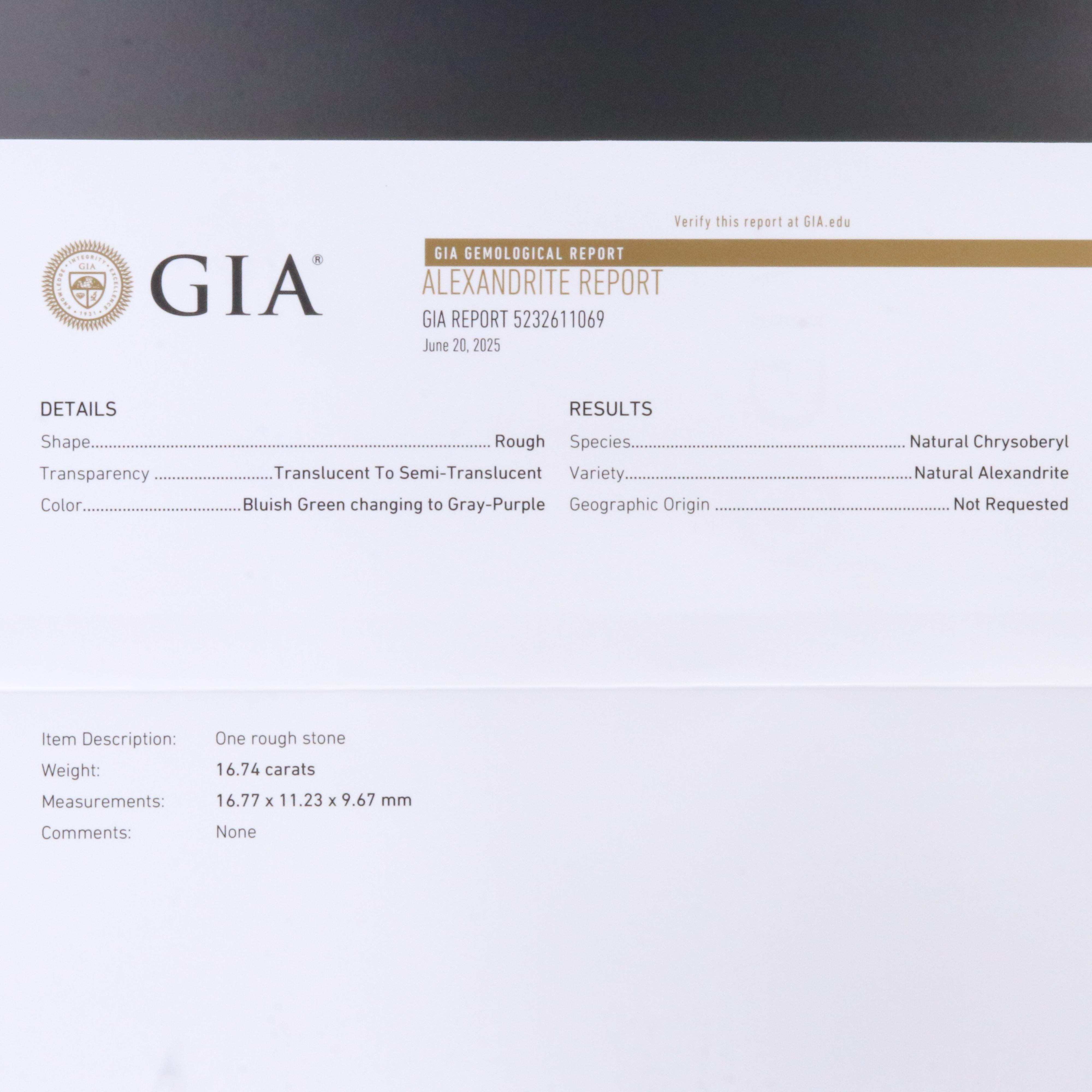 Loose 16.74 CT Rough Alexandrite with GIA Report