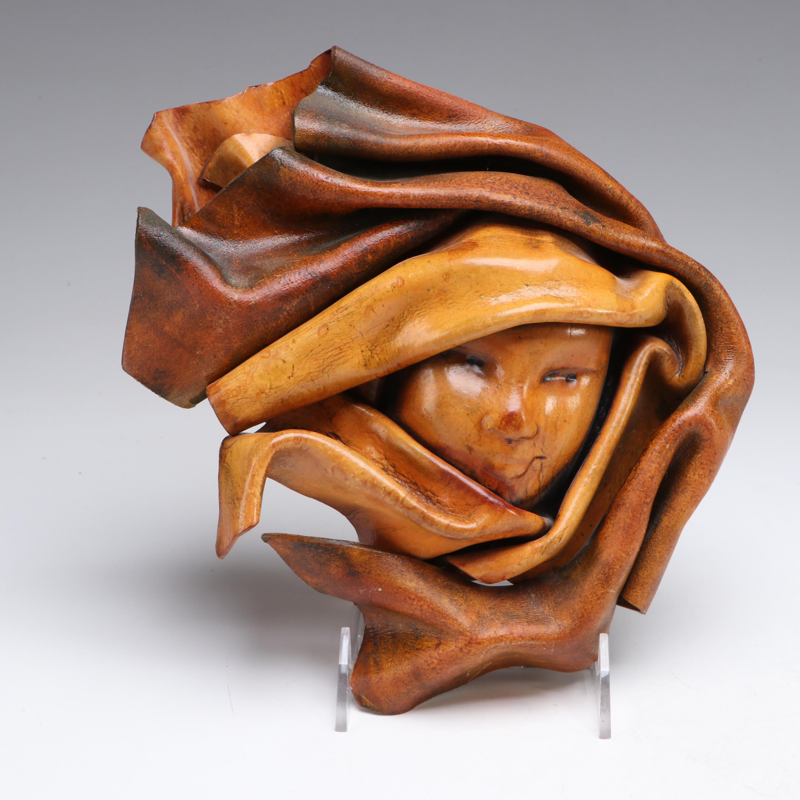 Artist Signed Clay with Molded Leather and Other Wall Hanging Mask