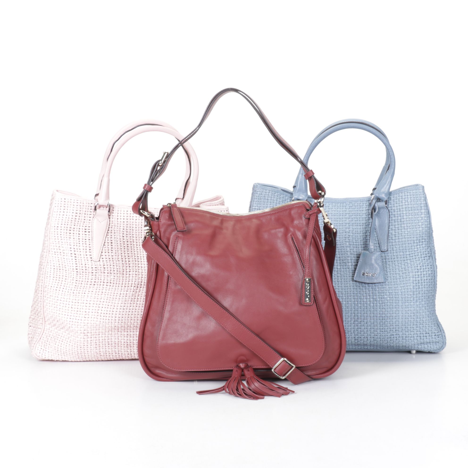 Abro Maroon Crossbody with Fringe Tassel and Pair of Braided Leather Tote Bags