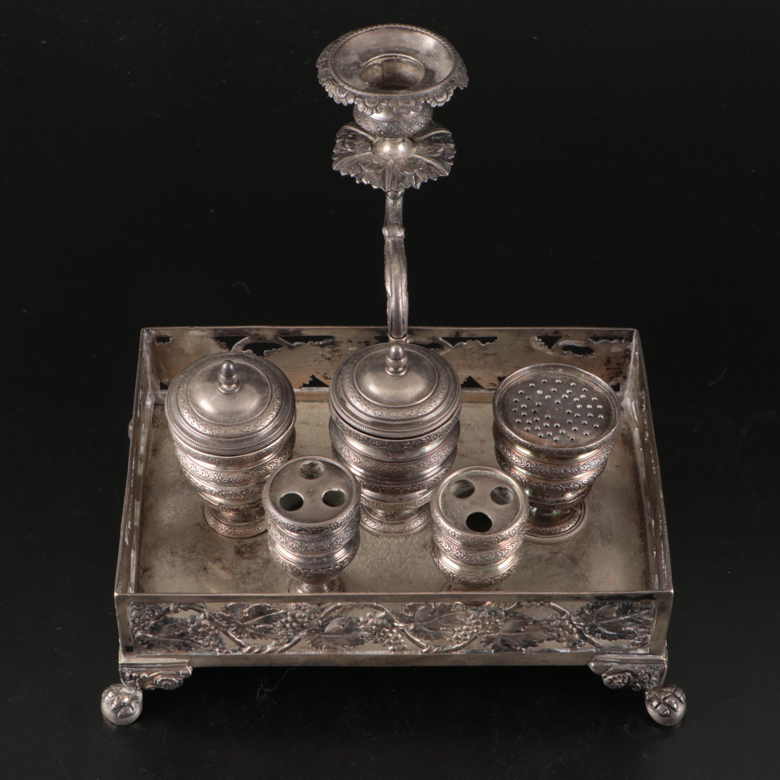 Continental Silver Plate Grapevine Inkwell Desk Set with Pivoting Candle Holder