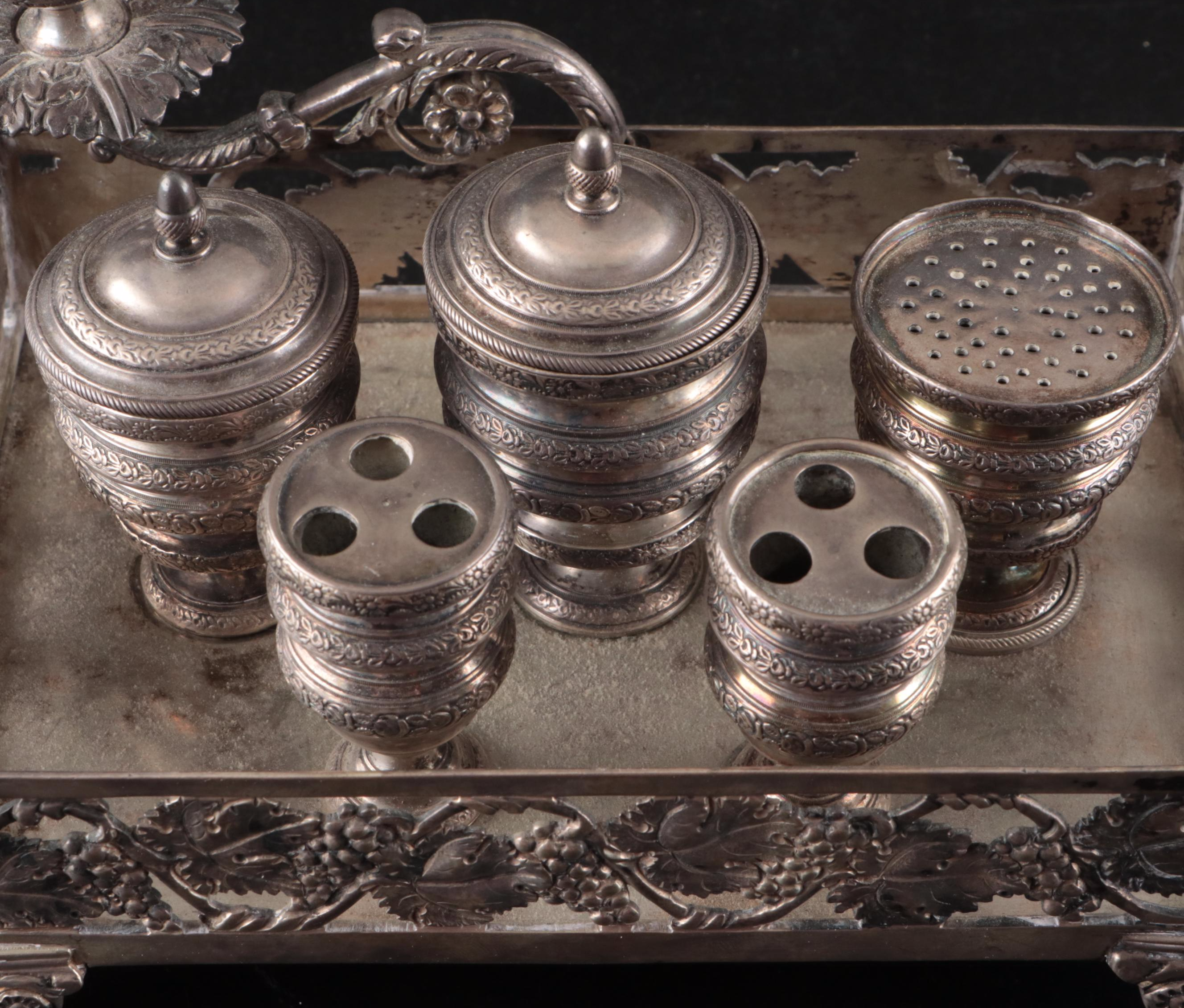 Continental Silver Plate Grapevine Inkwell Desk Set with Pivoting Candle Holder