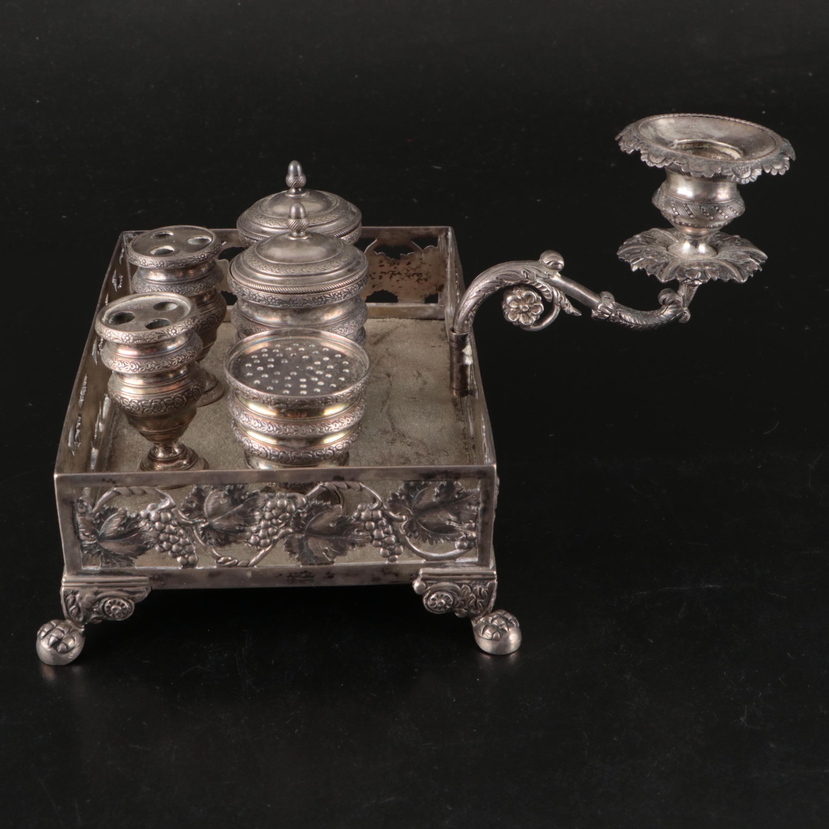 Continental Silver Plate Grapevine Inkwell Desk Set with Pivoting Candle Holder