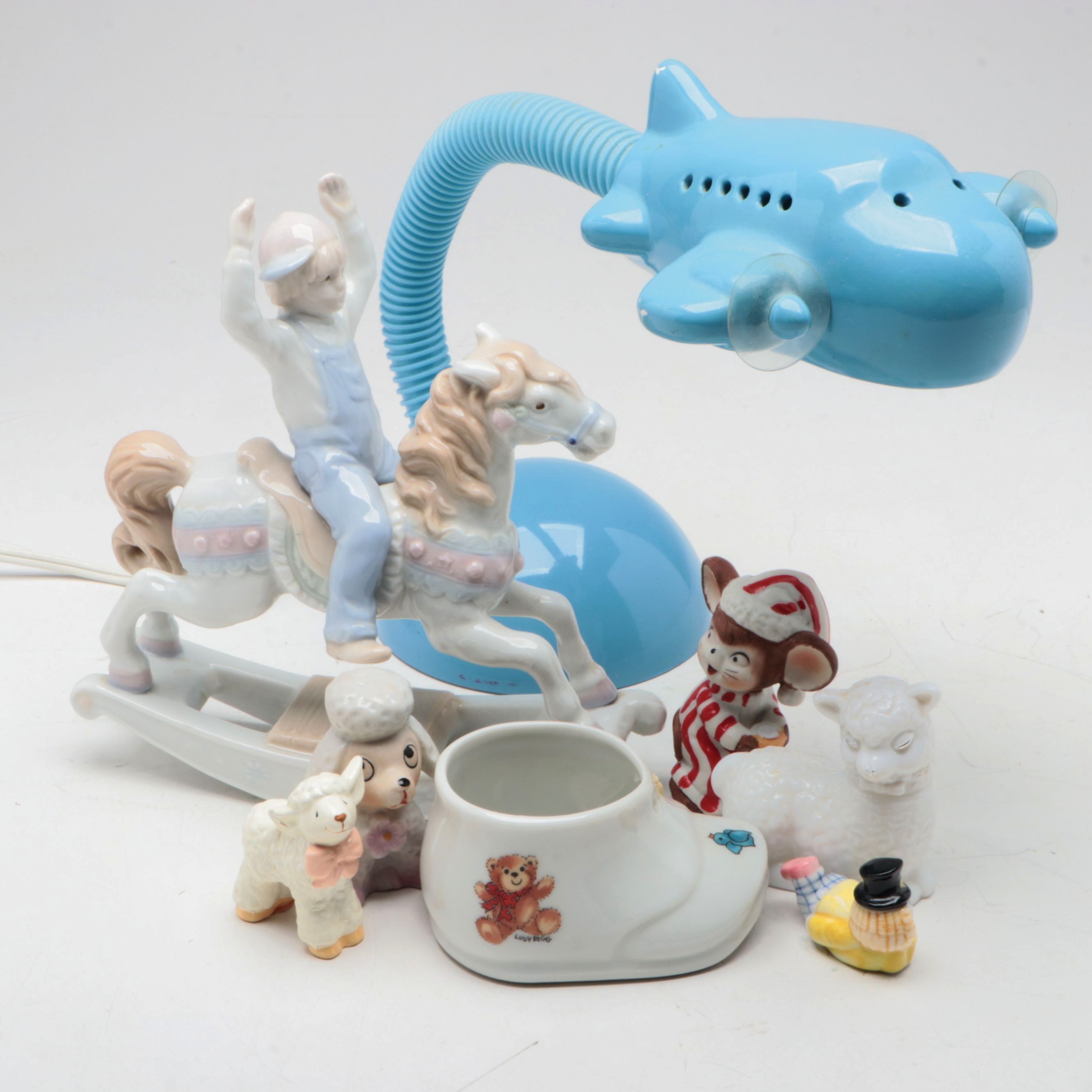Airplane Desk Lamp with East Asian Ceramic Figurines, Mid to Late 20th Century