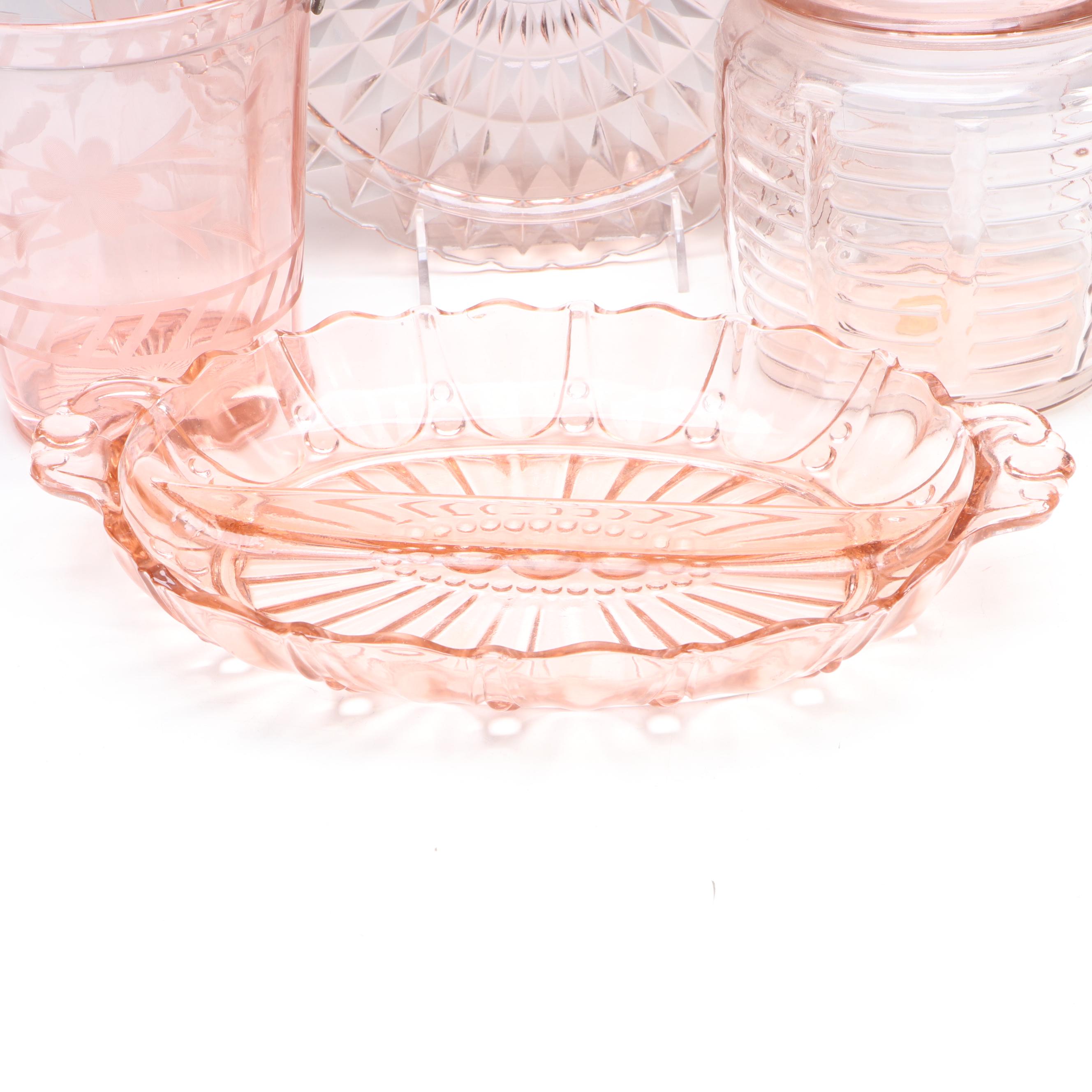 Anchor Hocking "Manhattan" Biscuit Jar with Other Pink Depression Glass
