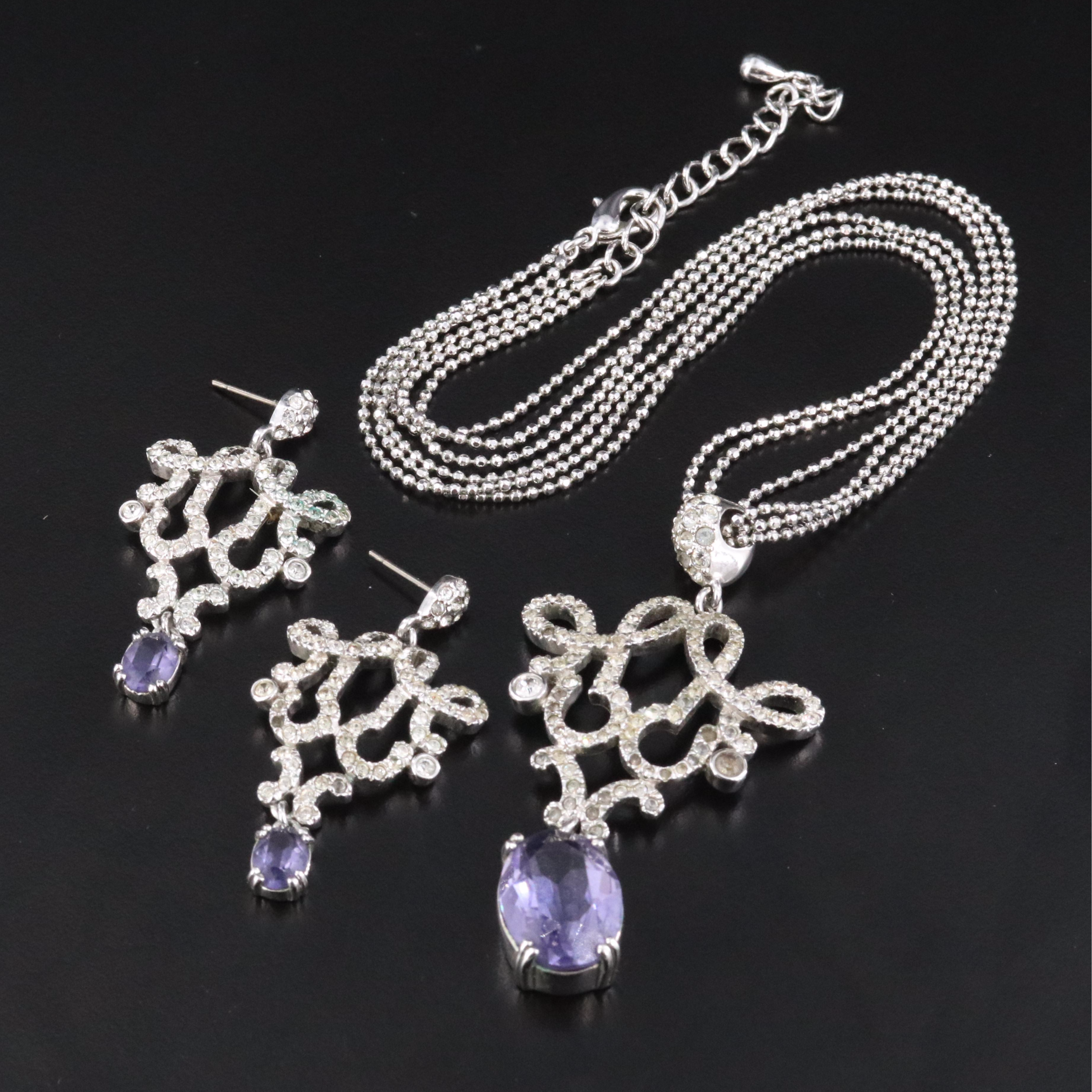 Manganese Glass and Rhinestone Necklace and Earring Set