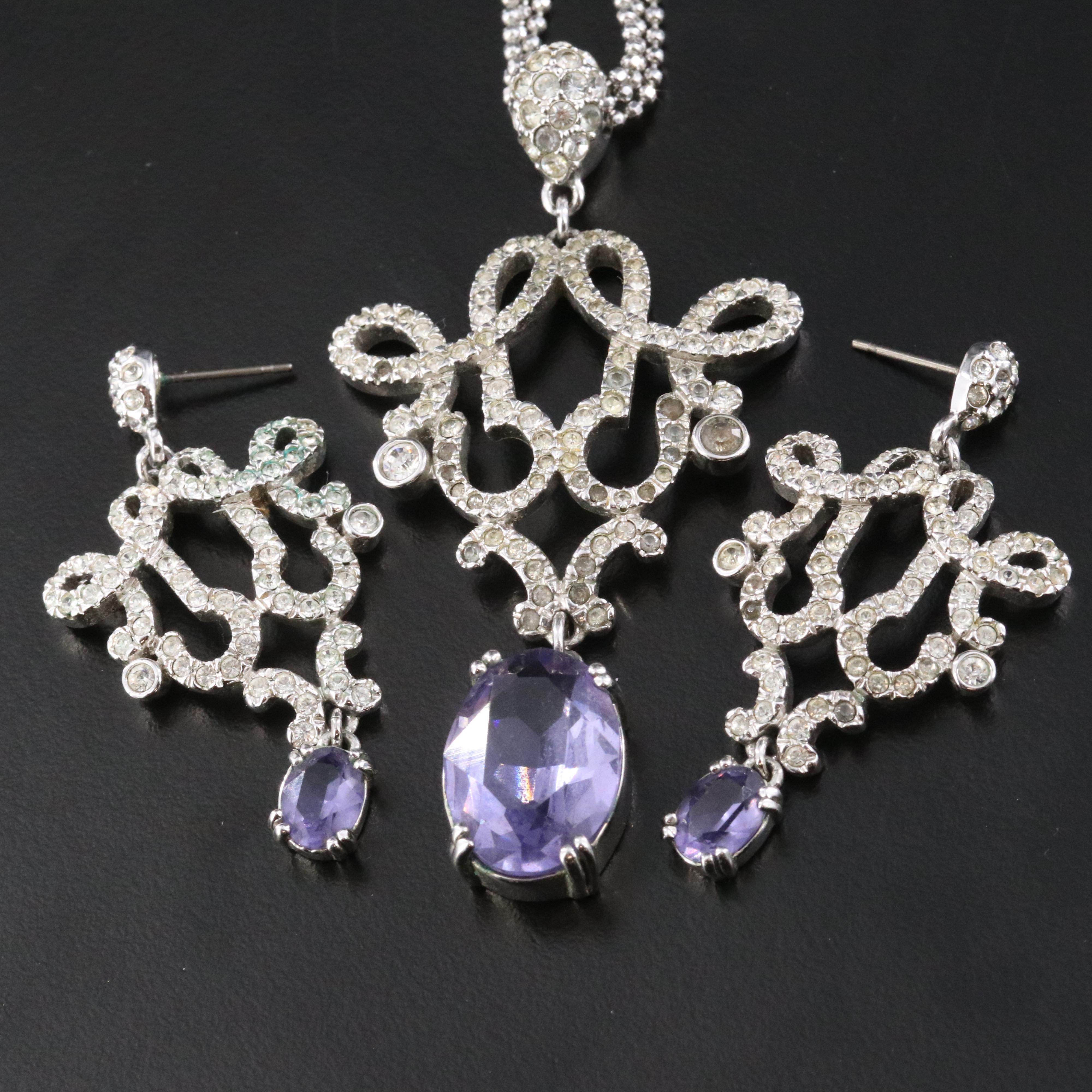 Manganese Glass and Rhinestone Necklace and Earring Set