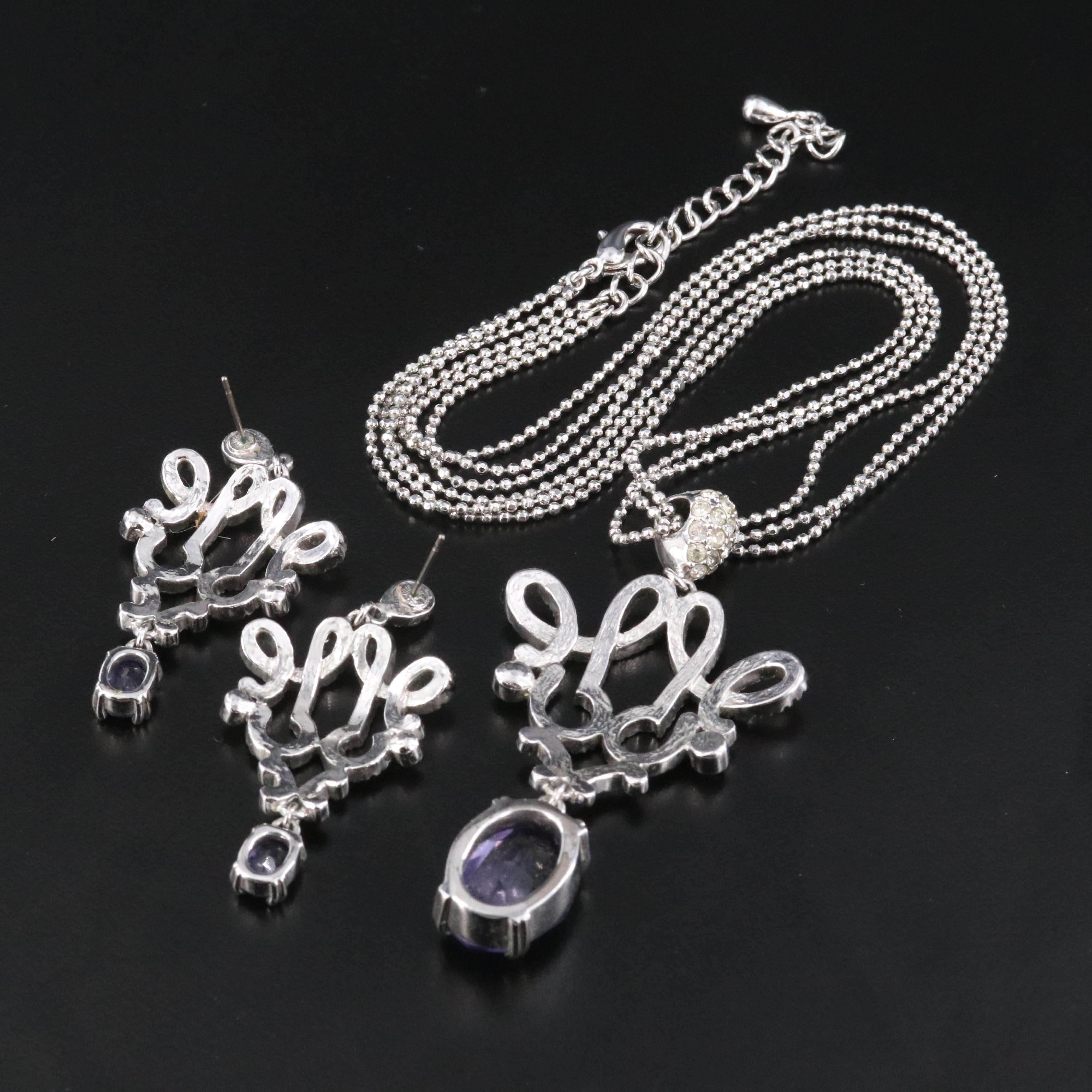 Manganese Glass and Rhinestone Necklace and Earring Set