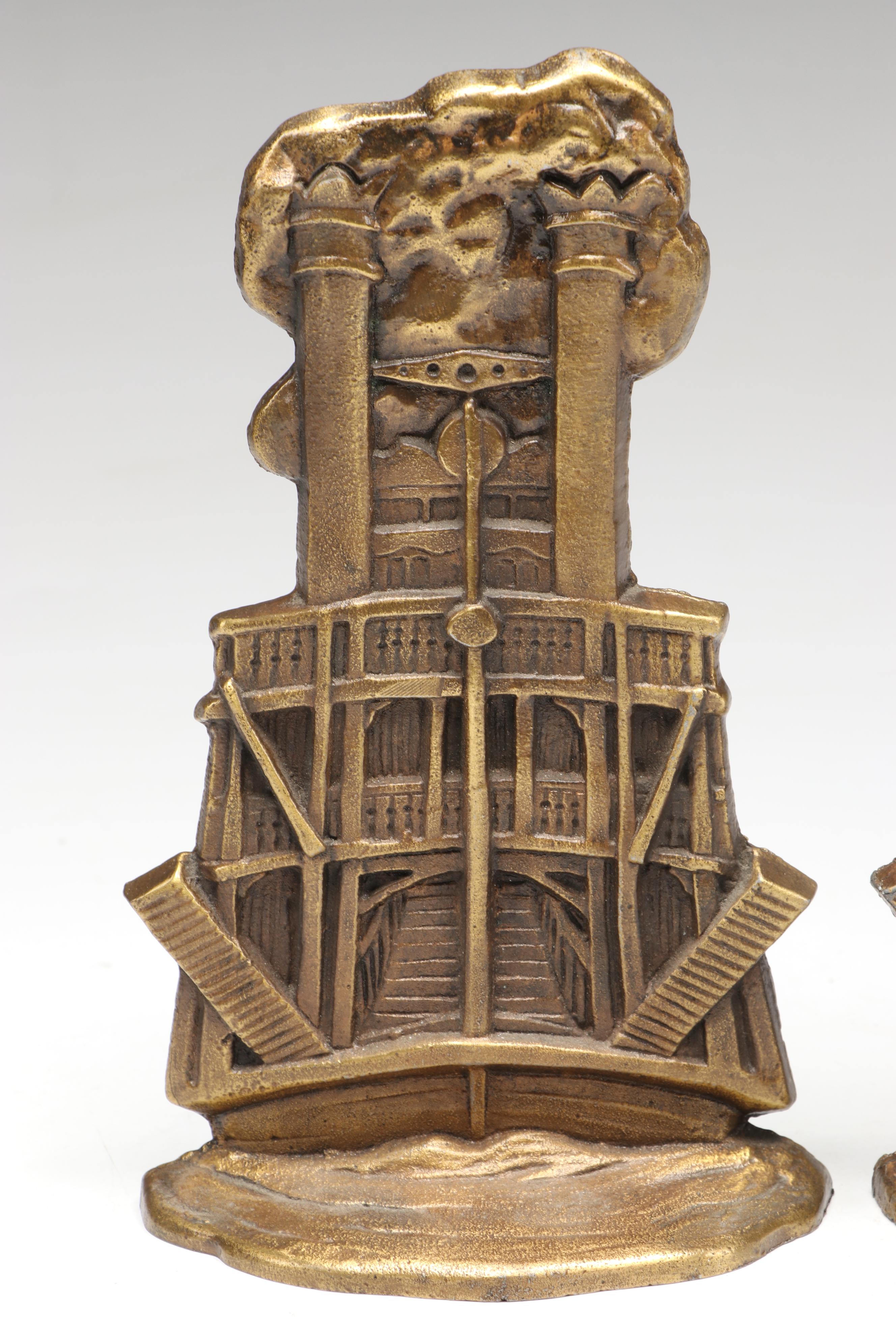 Art Deco Style Cast Brass Steamboat Shaped Bookends, Early to Mid-20th Century