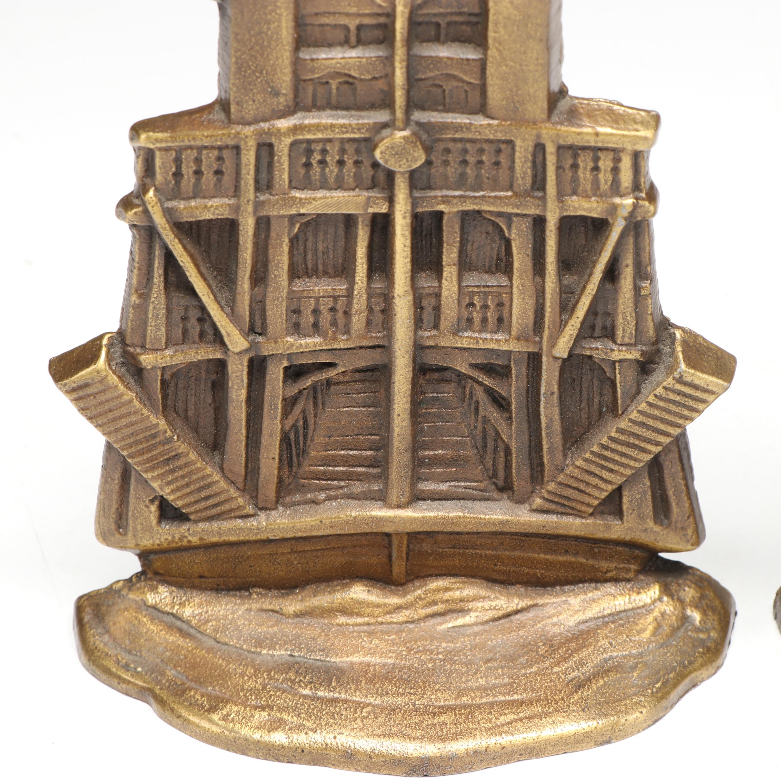 Art Deco Style Cast Brass Steamboat Shaped Bookends, Early to Mid-20th Century