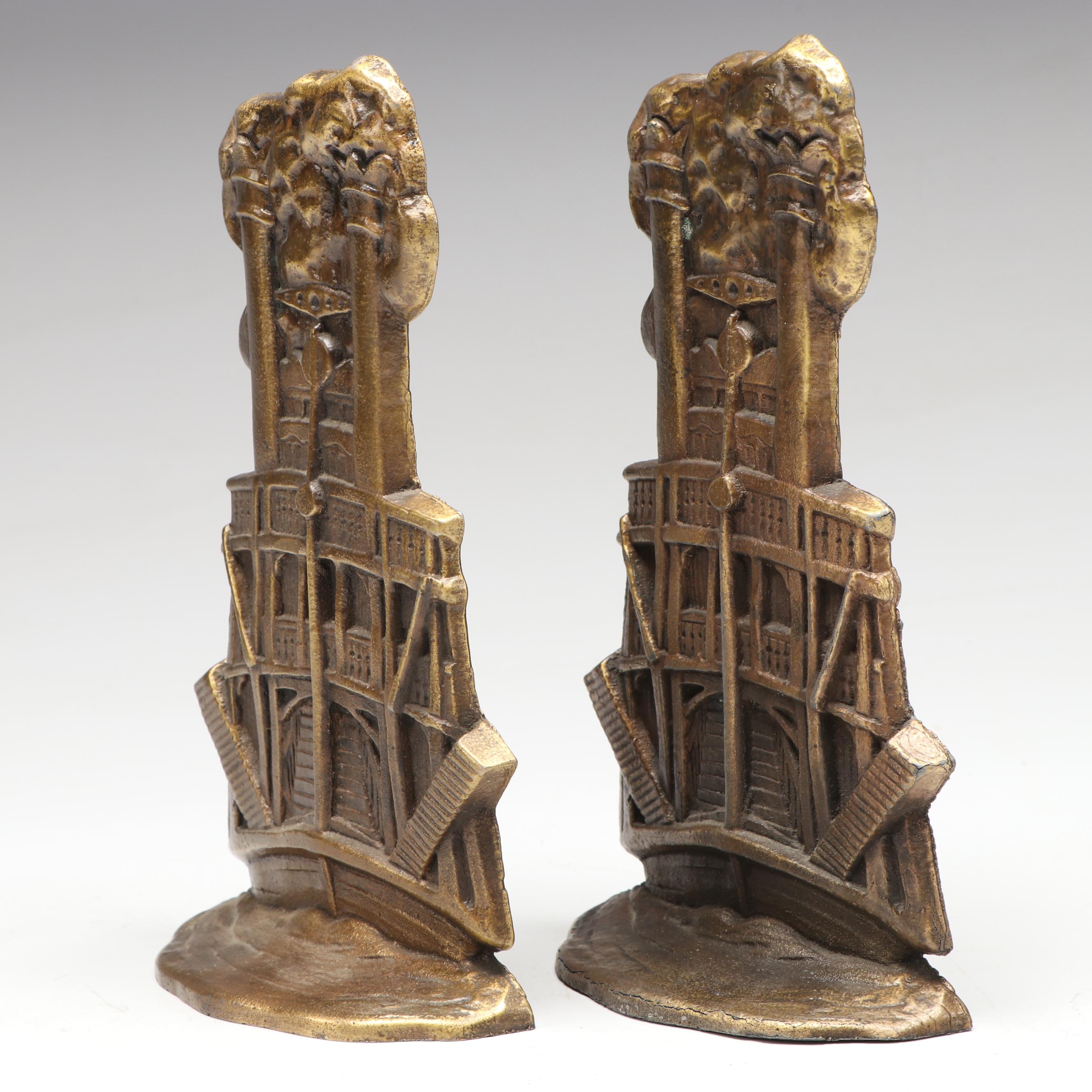 Art Deco Style Cast Brass Steamboat Shaped Bookends, Early to Mid-20th Century