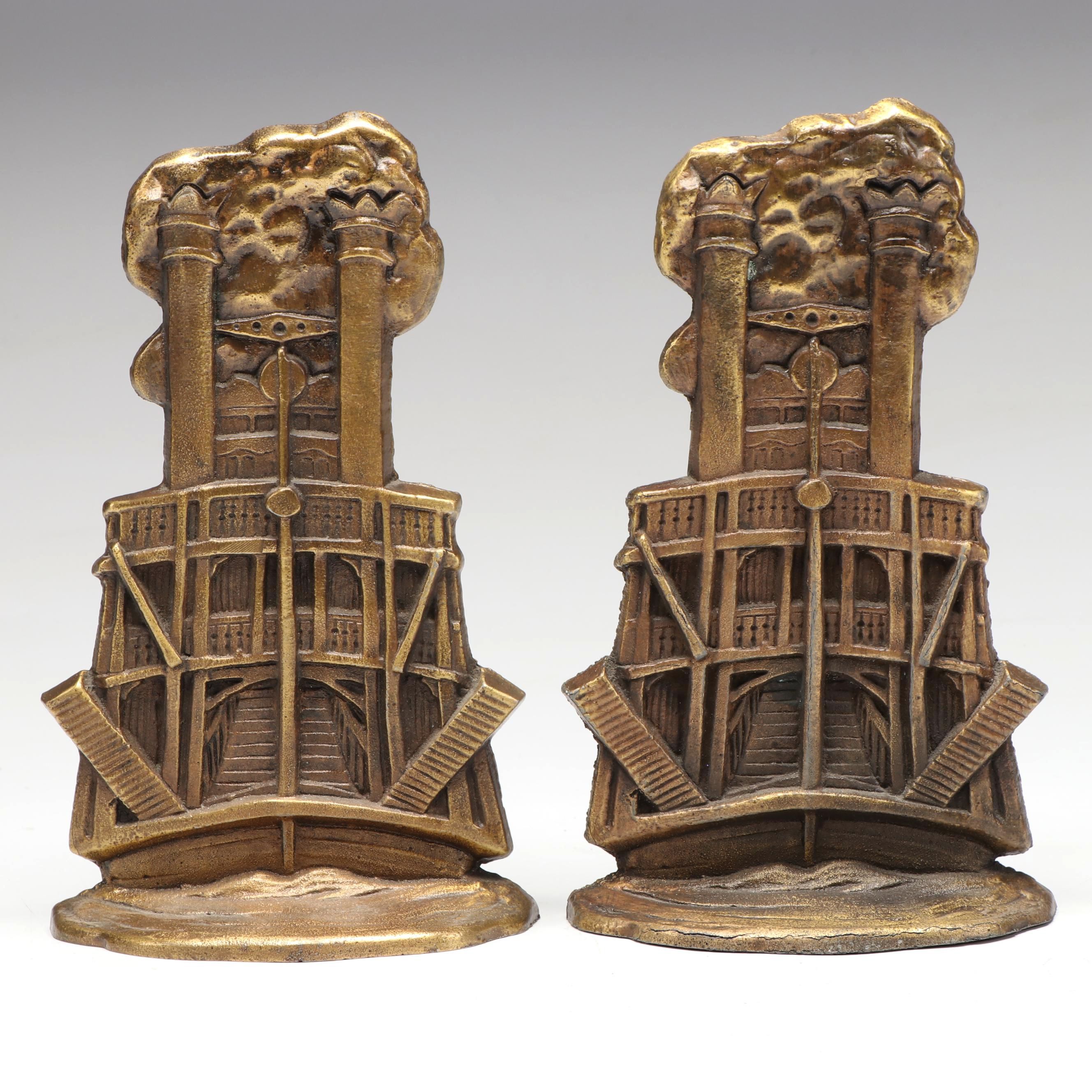 Art Deco Style Cast Brass Steamboat Shaped Bookends, Early to Mid-20th Century