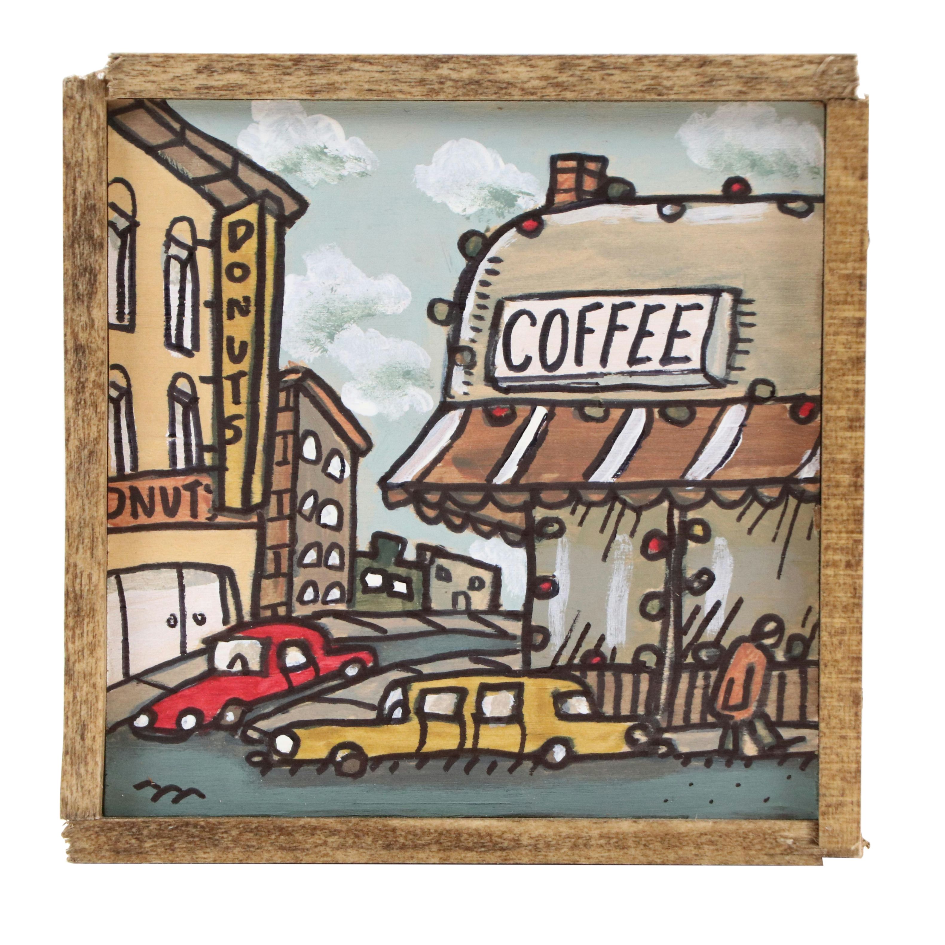 Aaron Wooten Stylized Cityscape Mixed Media Painting "Coffee and Donuts," 2025