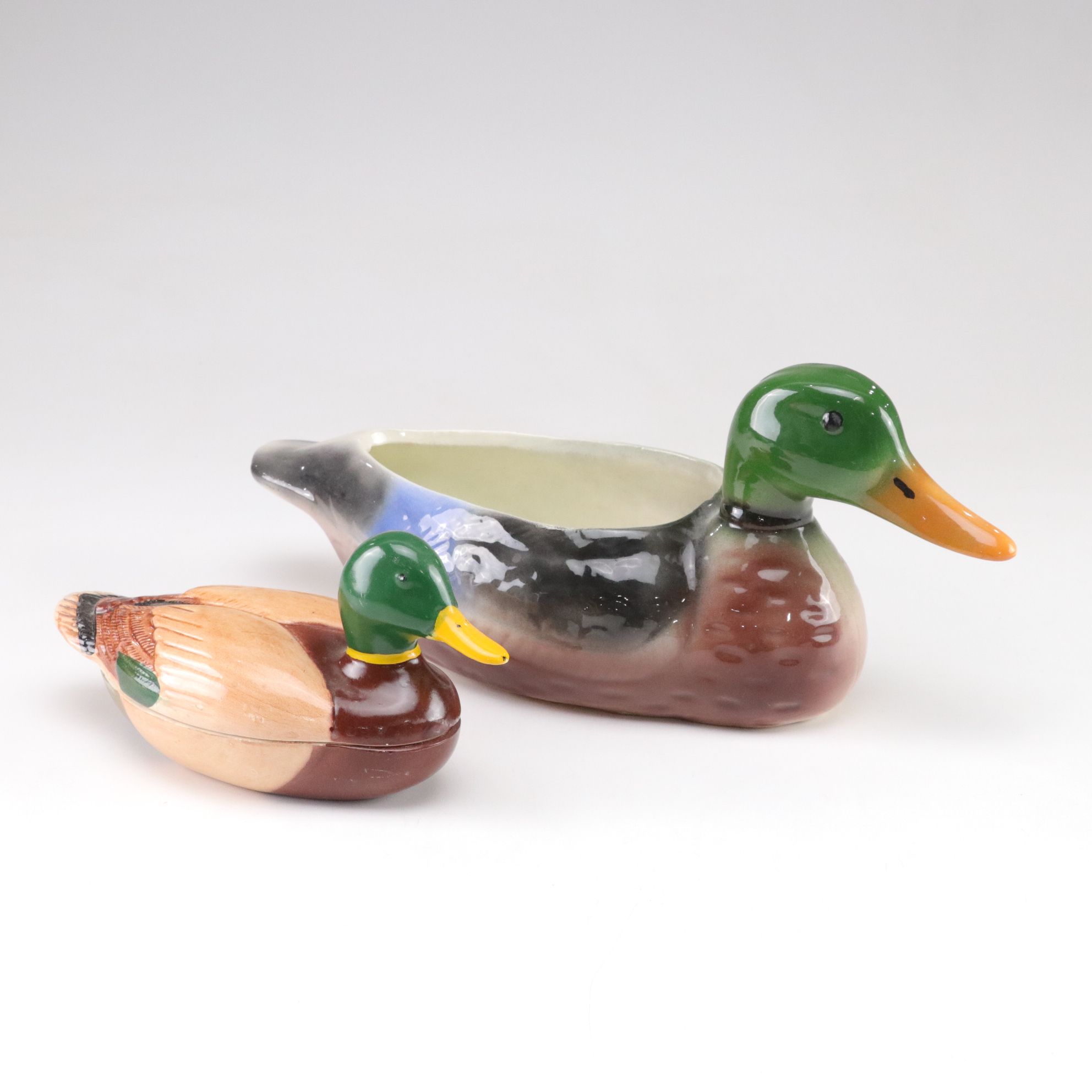 1970s Avon Hand-Painted Duck Trinket Box with Mallard Ceramic Planter