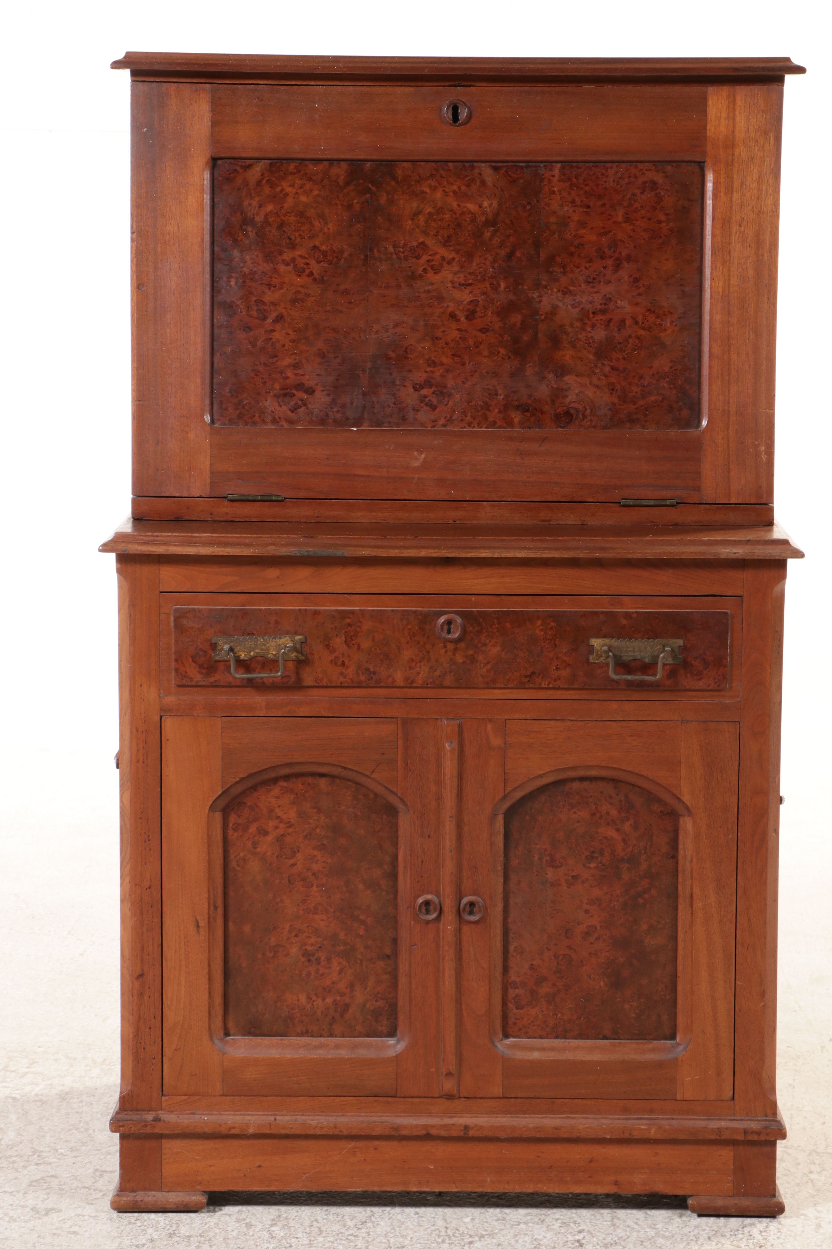 Victorian Renaissance Revival Walnut Desk on Cabinet