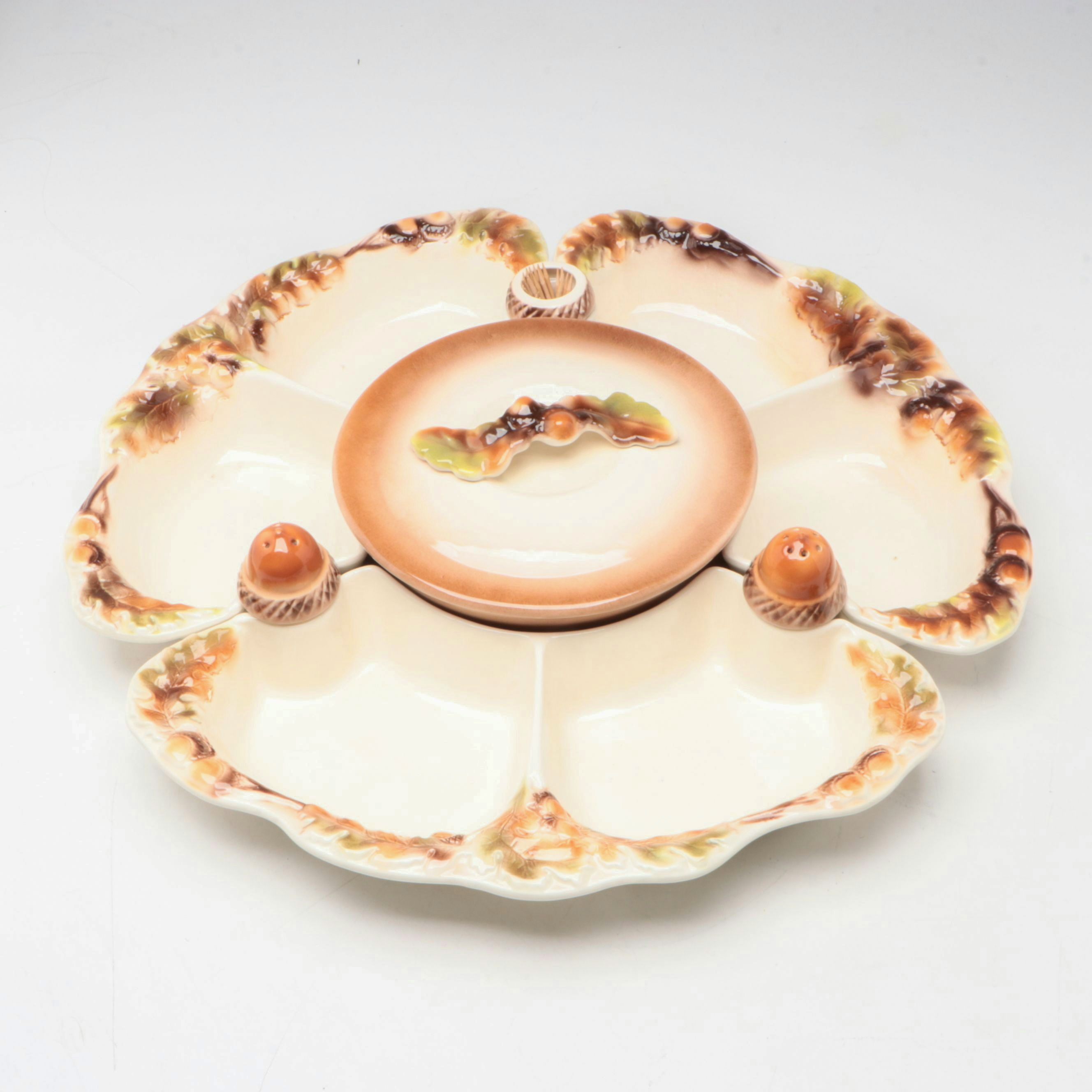 Vintage Sunkist Van Nuys Serving Set and Shakers in Autumn Themed White Ceramic