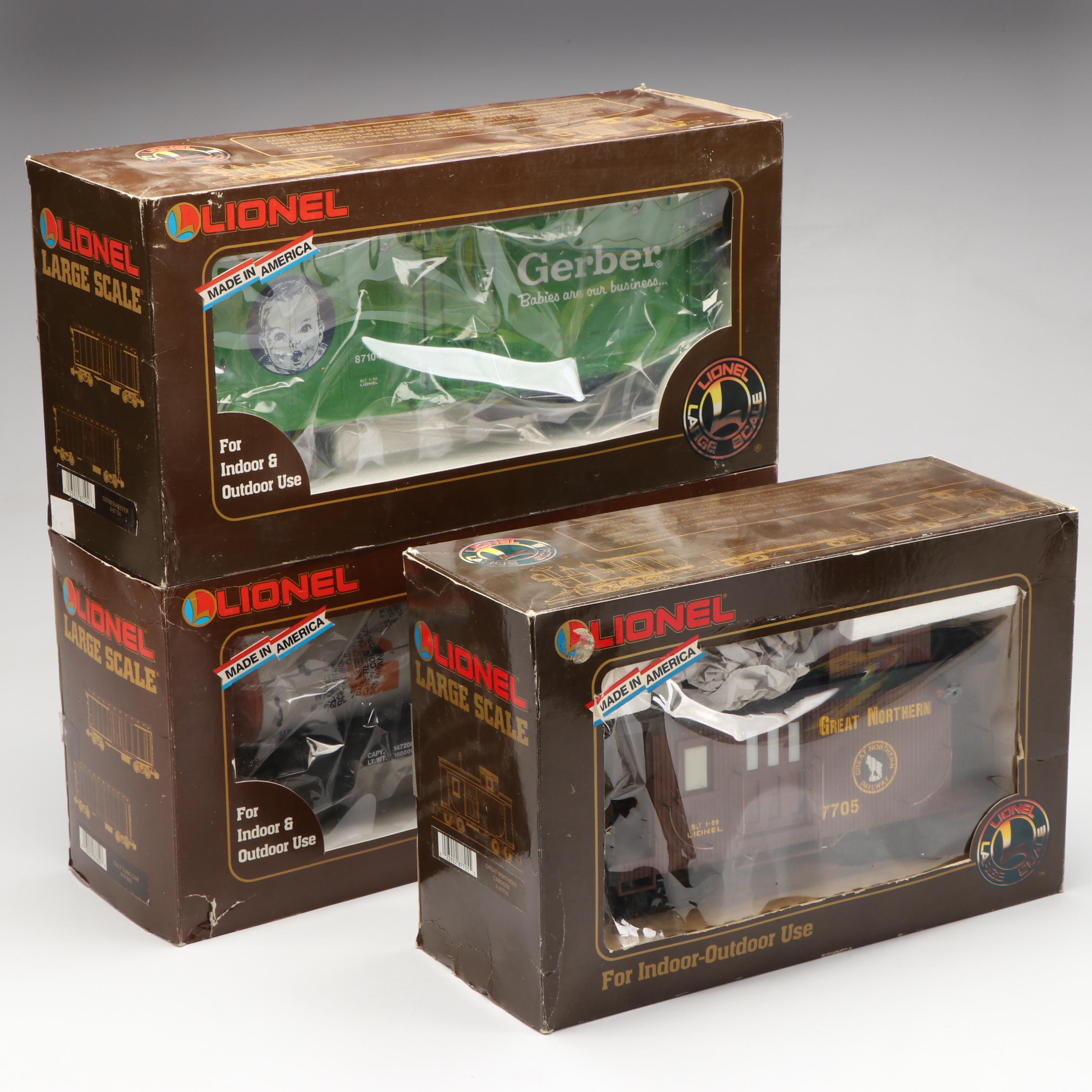 Lionel G Scale Gulf Tank Car, Gerber Reefer and Great Northern Caboose