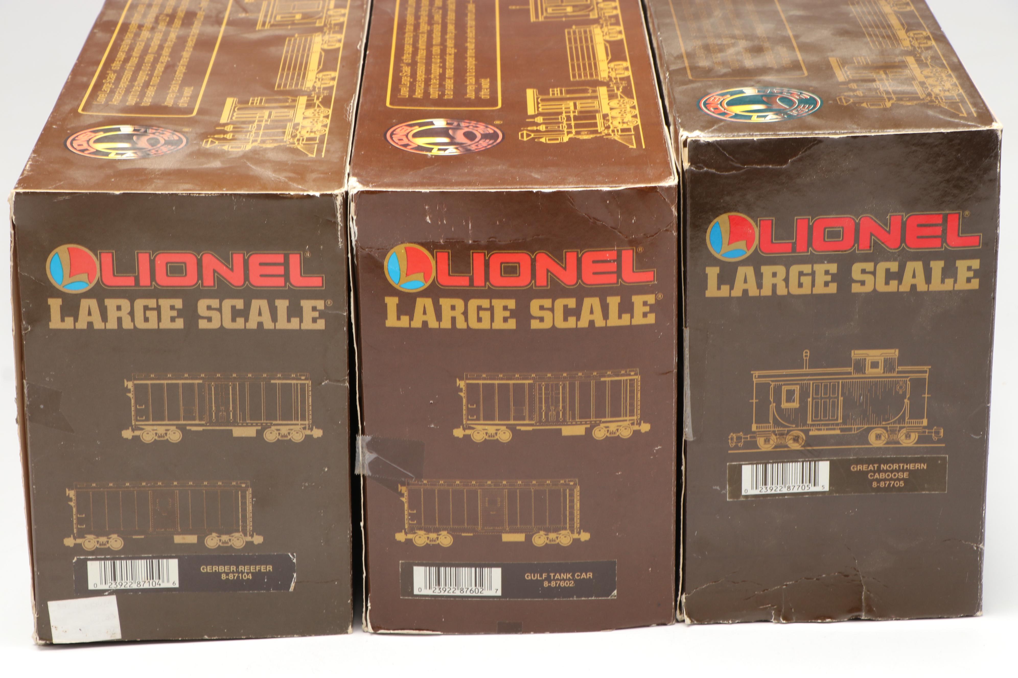 Lionel G Scale Gulf Tank Car, Gerber Reefer and Great Northern Caboose