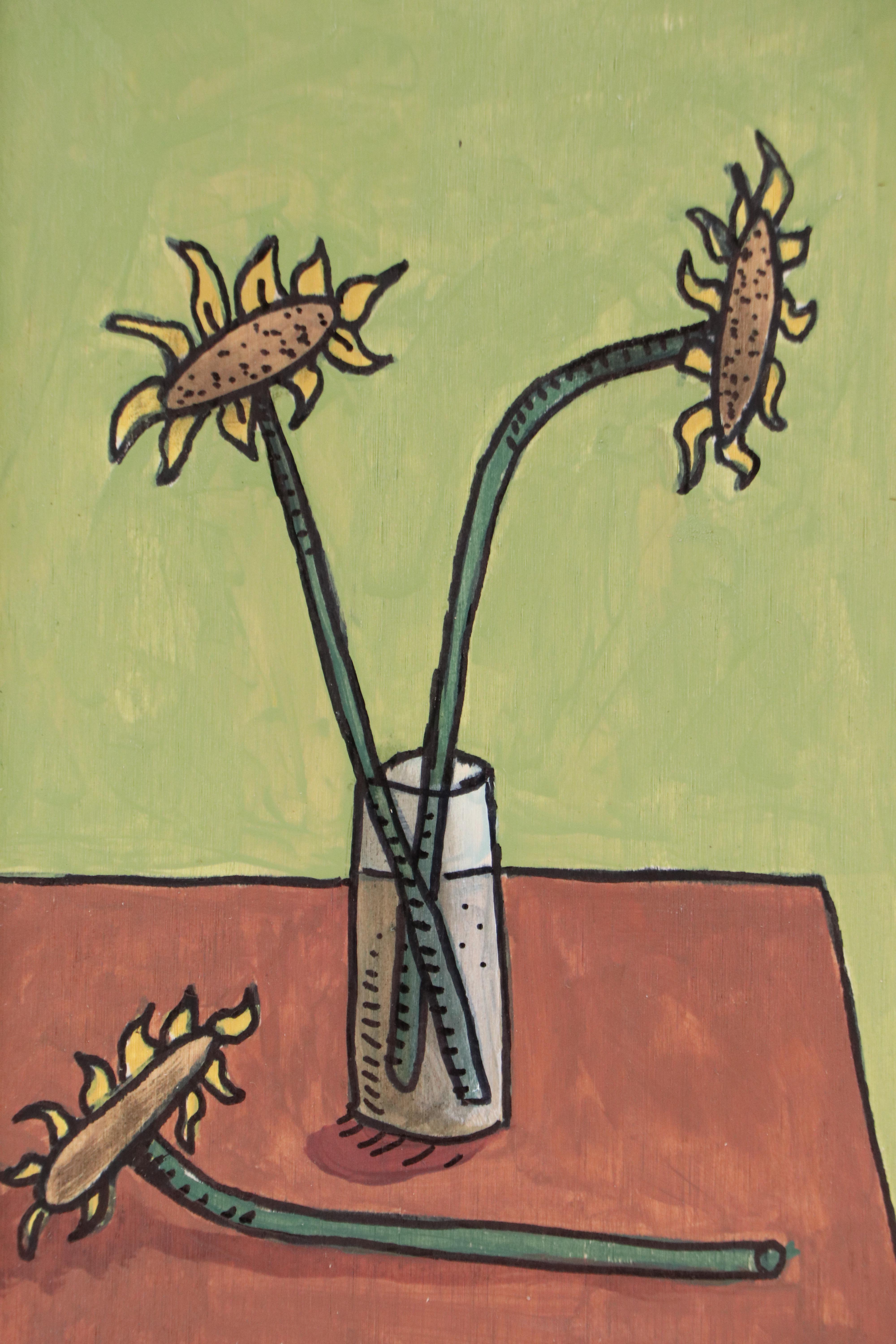 Aaron Wooten Stylized Floral Still Life Mixed Media Painting "Sunflowers #2"