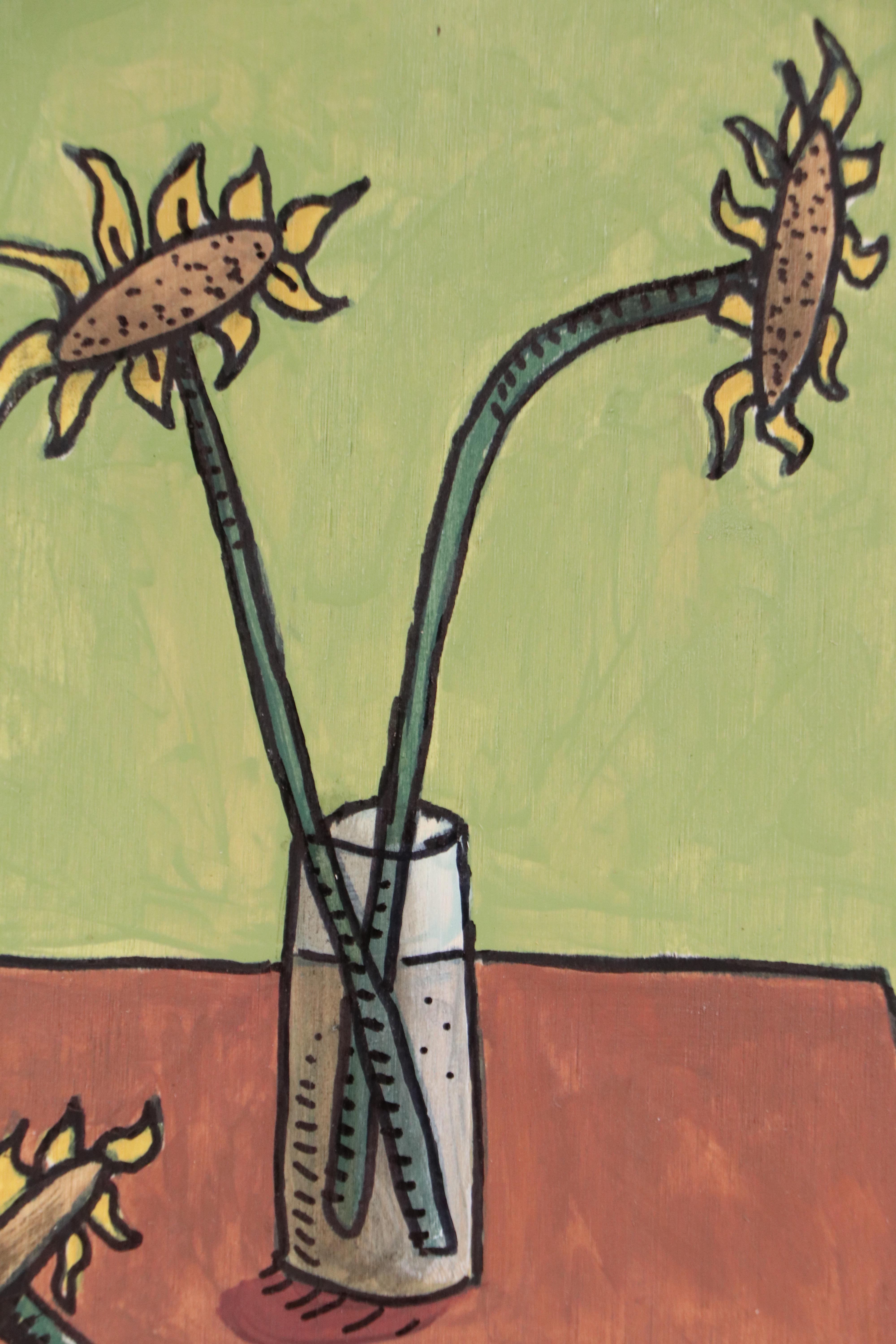 Aaron Wooten Stylized Floral Still Life Mixed Media Painting "Sunflowers #2"