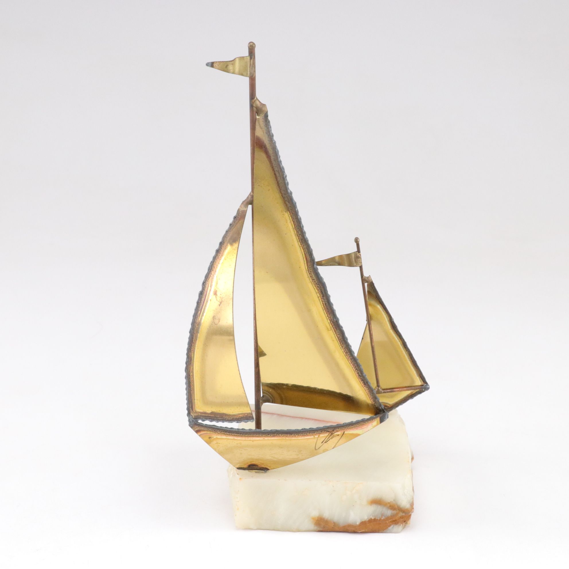 Mid Century Modern Curtis Jere Brass Sailboat Sculptures on Calcite Marble Base