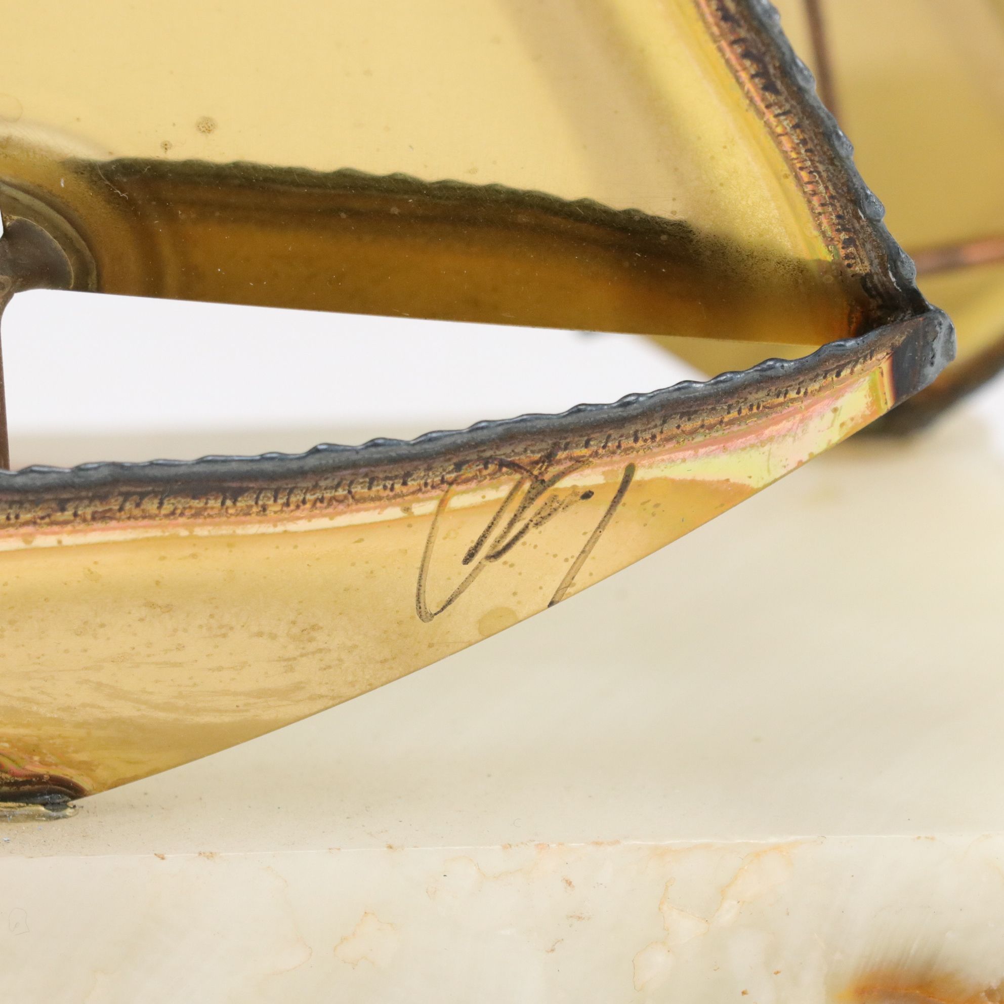 Mid Century Modern Curtis Jere Brass Sailboat Sculptures on Calcite Marble Base