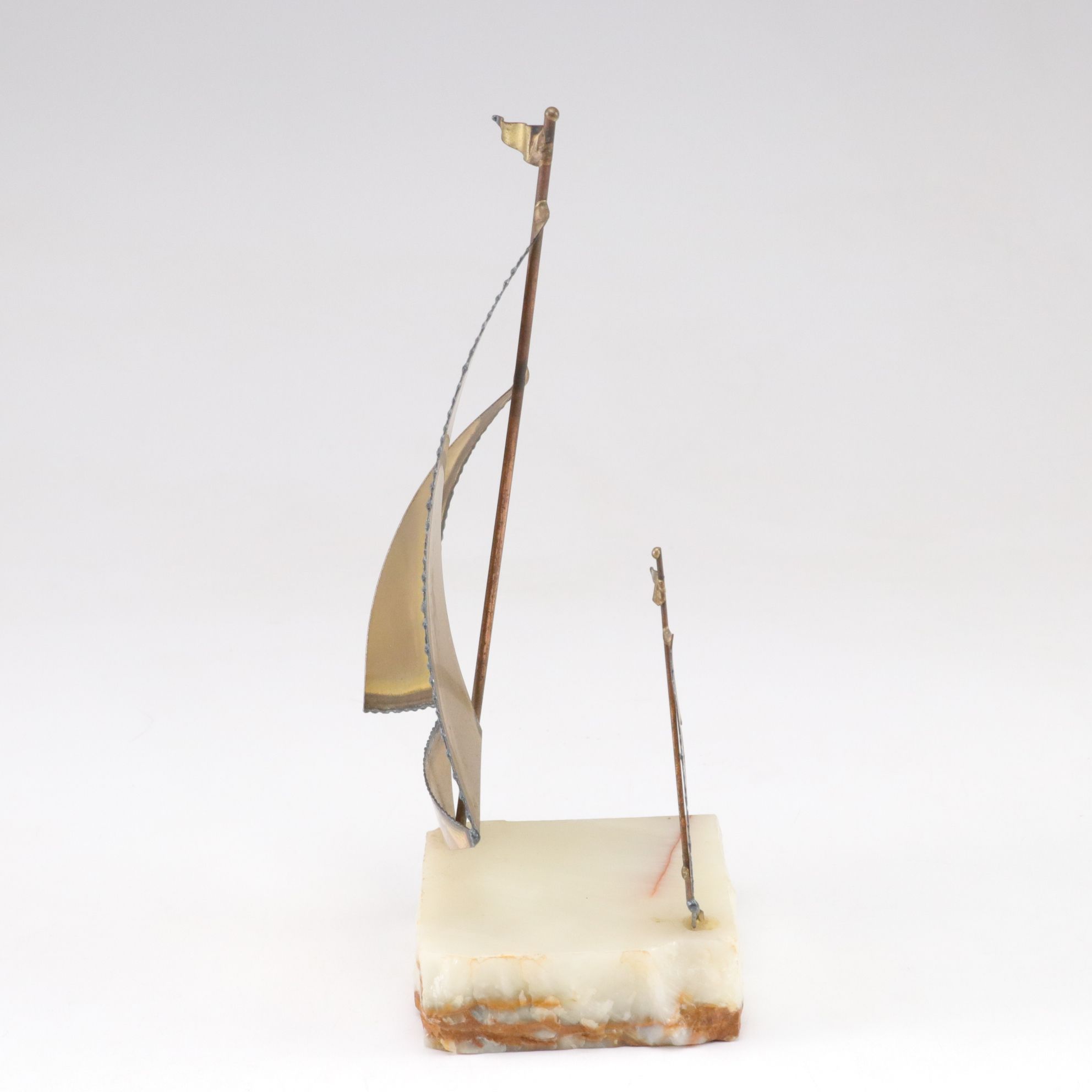 Mid Century Modern Curtis Jere Brass Sailboat Sculptures on Calcite Marble Base