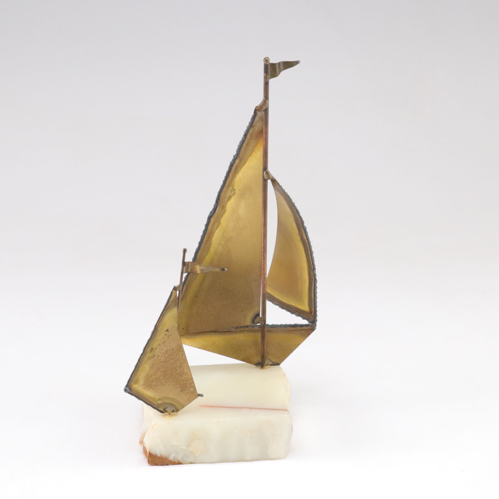 Mid Century Modern Curtis Jere Brass Sailboat Sculptures on Calcite Marble Base