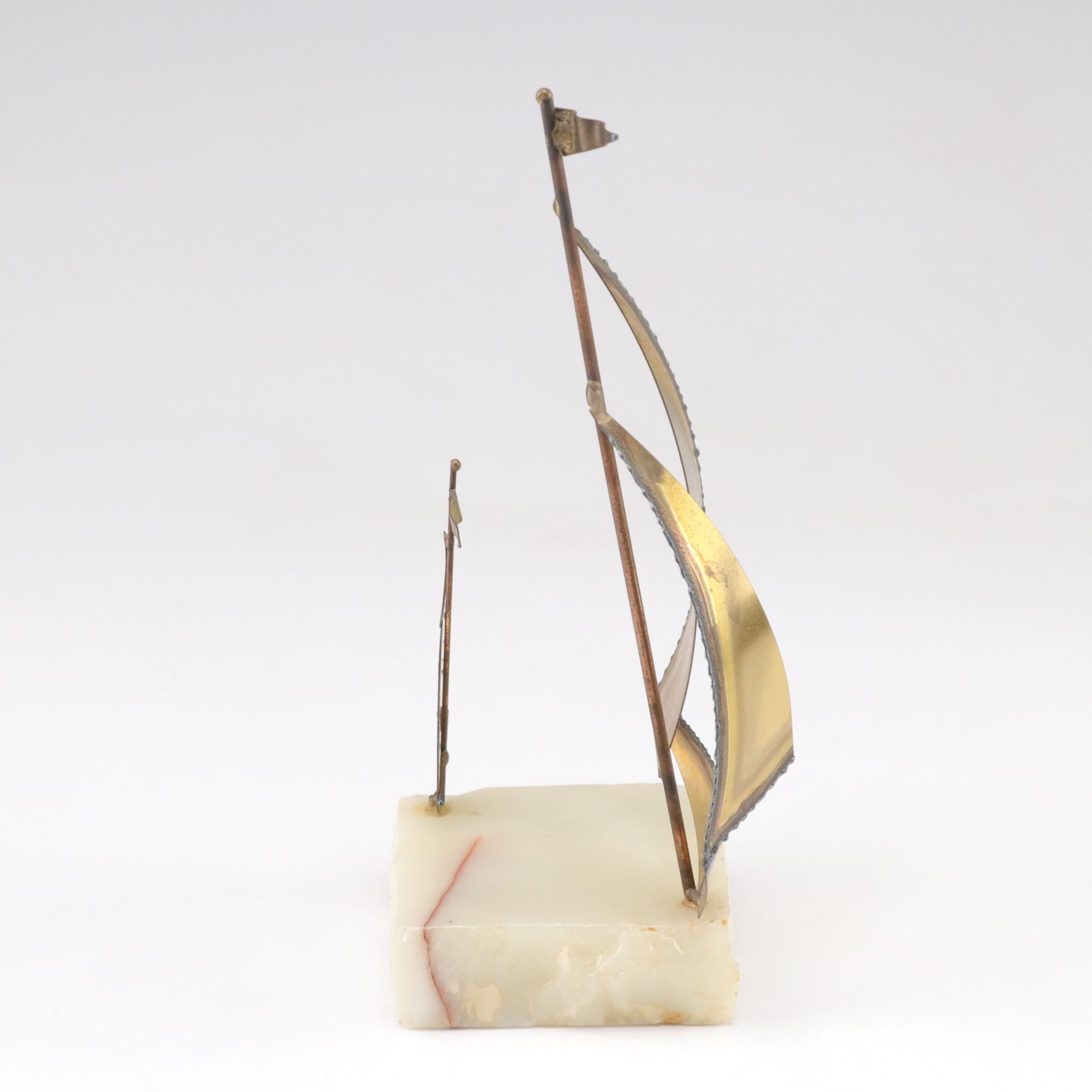 Mid Century Modern Curtis Jere Brass Sailboat Sculptures on Calcite Marble Base